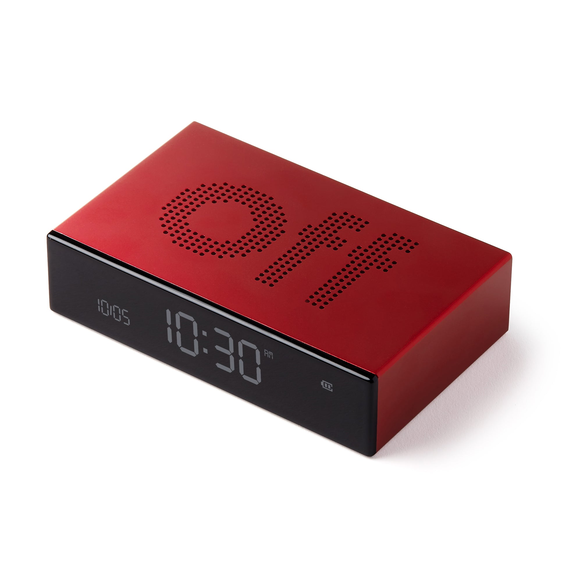 Lexon Flip Premium Wekker Rood│Art. LR152R│bovenkant schuin met Off-teken aan bovenzijde