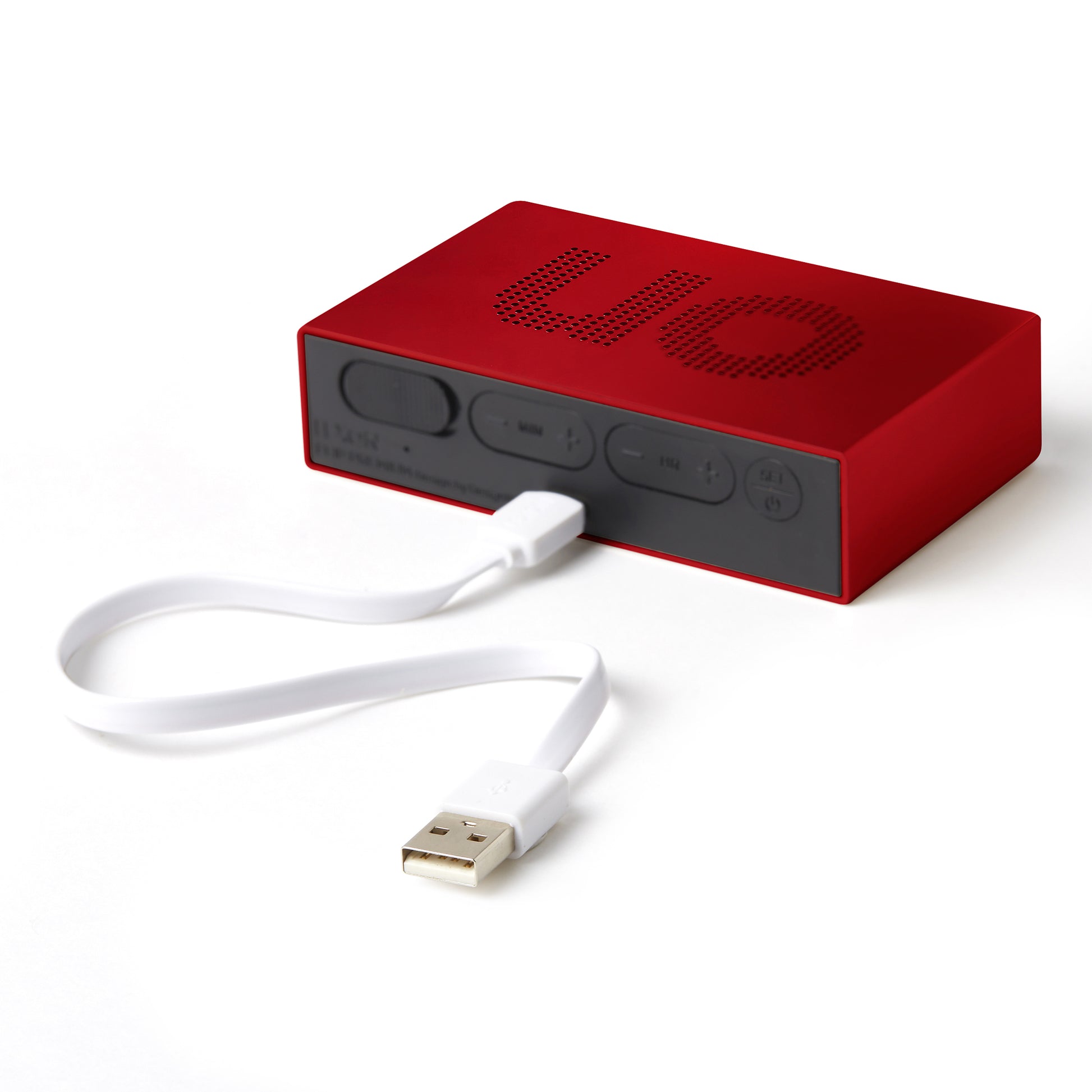 Lexon Flip Premium Wekker Rood│Art. LR152R│achterkant met USB-kabel