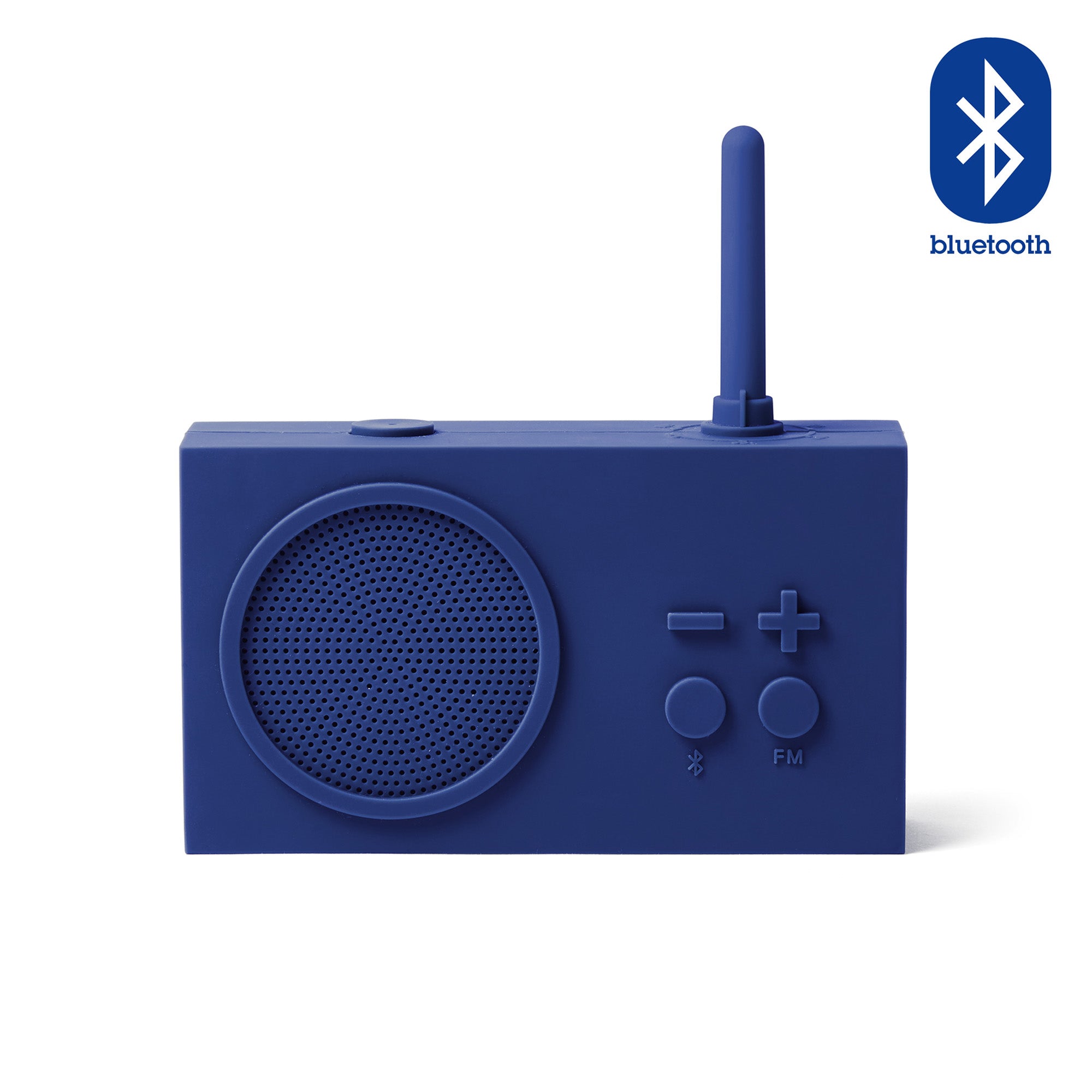 Lexon Tykho-3 FM Radio en Bluetooth-speaker│Donkerblauw│oplaadbaar│art. LA119DB9│voorkant witte achtergrond met Bluetooth teken