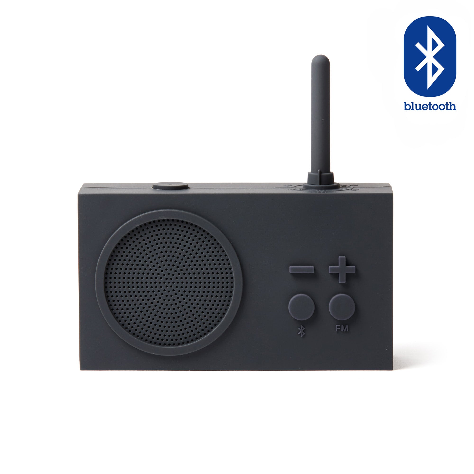 Lexon Tykho-3 FM Radio en Bluetooth-speaker│Donkergrijs│oplaadbaar│art. LA119G3│voorkant met witte achtergrond en Bluetooth teken