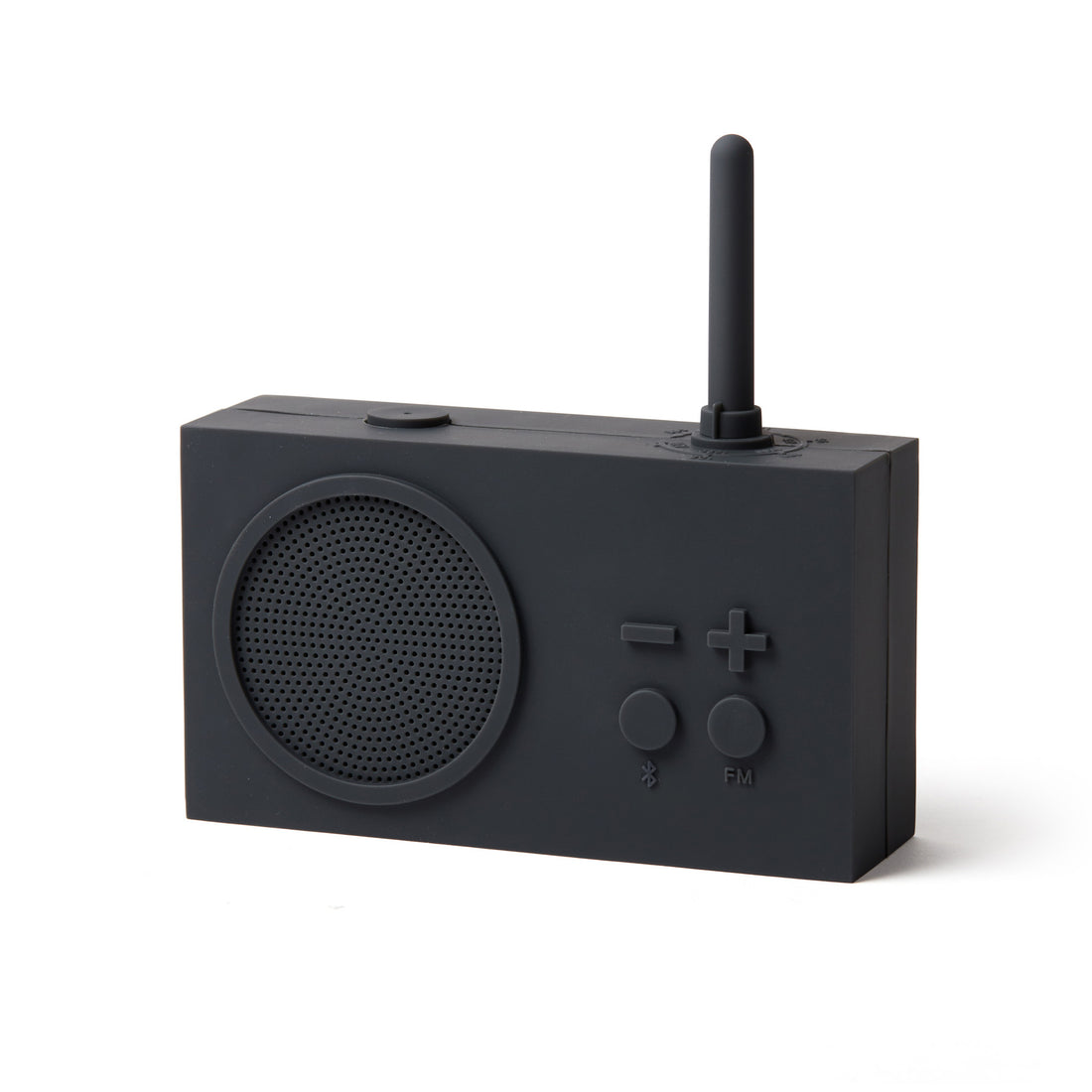 Lexon Tykho-3 FM Radio en Bluetooth-speaker│Donkergrijs│oplaadbaar│art. LA119G3│voorkant met witte achtergrond en Bluetooth teken