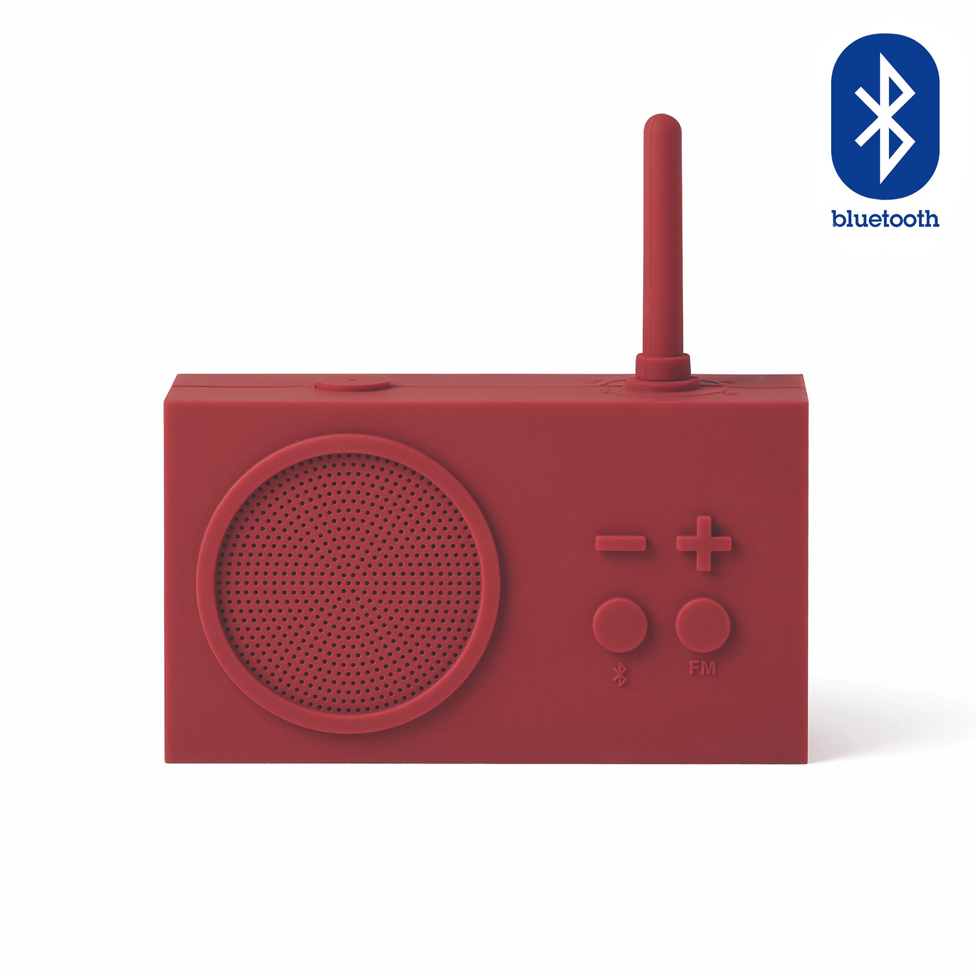 Lexon Tykho-3 FM Radio en Bluetooth-speaker│Donkerrood│oplaadbaar│art. LA119DR│voorkant witte achtergrond en Bluetooth teken