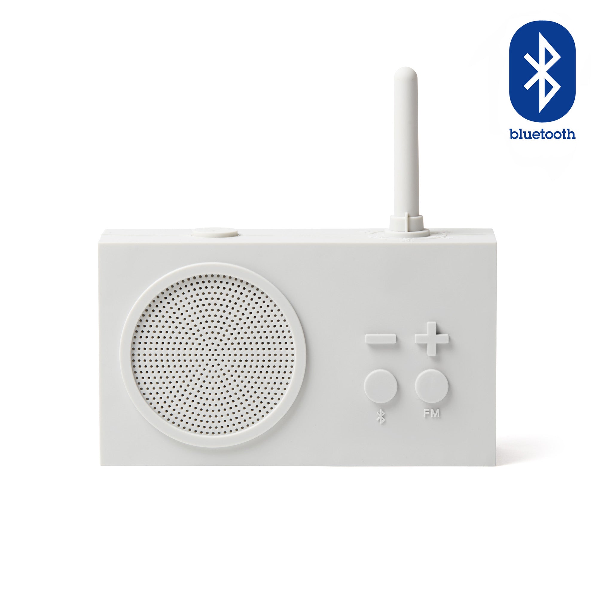 Lexon Tykho-3 FM Radio en Bluetooth-speaker│Lichtgrijs│oplaadbaar│art. LA119W7│voorkant witte achtergrond met bluetooth teken