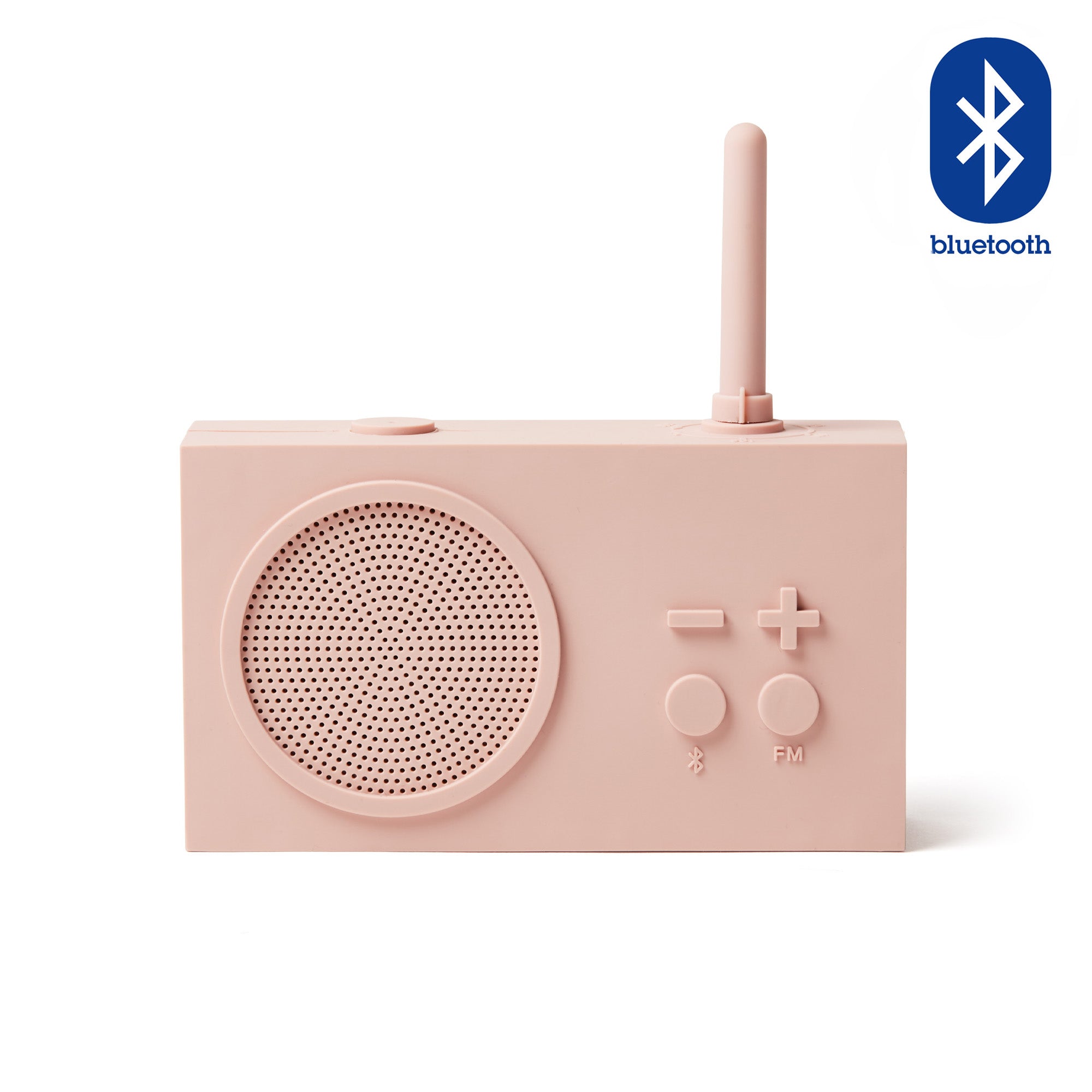 Lexon Tykho-3 FM Radio en Bluetooth-speaker│Roze│oplaadbaar│art.LA119P8│voorkant met witte achtergrond en Bluetooth teken 