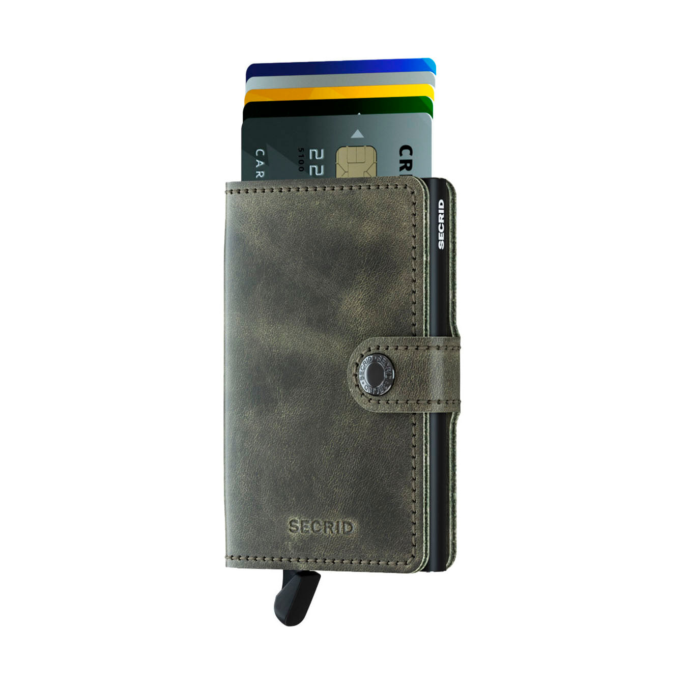 Secrid Miniwallet Vintage│Pasjeshouder en Portemonnee│art. MV-OLIVE-BLACK│voorkant met uitgeschoven pasjesen clip