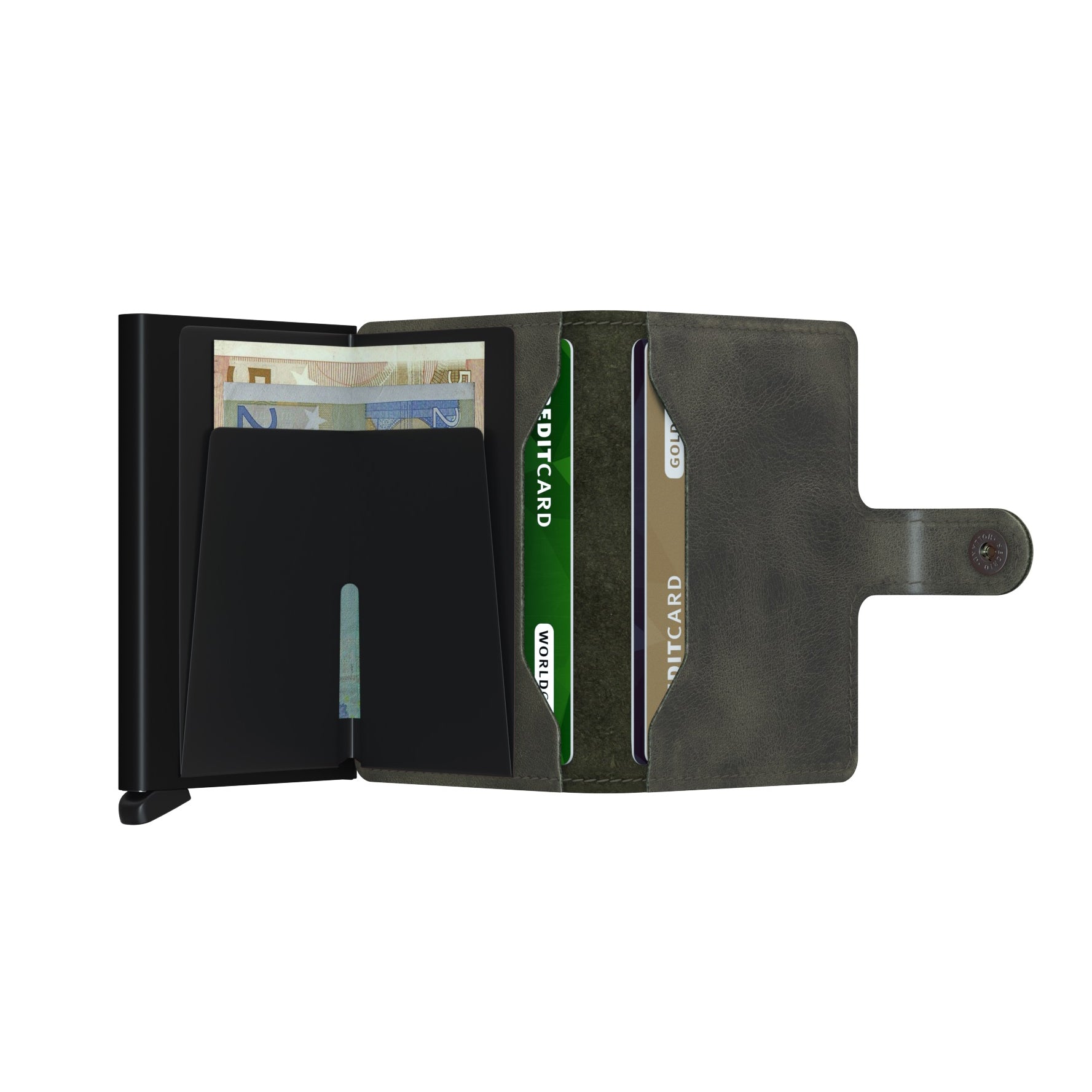 Secrid Miniwallet Vintage│Pasjeshouder en Portemonnee│art. MV-OLIVE-BLACK│geopend met betaalkaarten en contant geld