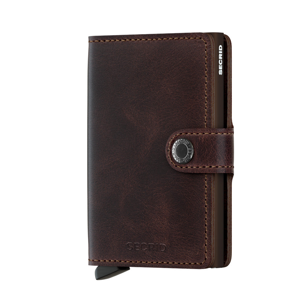 Secrid Miniwallet Vintage│art. MV-CHOCOLAT│Pasjeshouder en Portemonnee│vooraanzicht met witte achtergrond