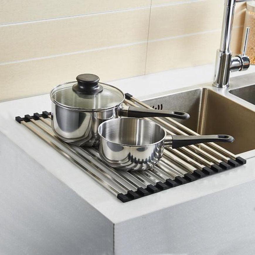 Rolmat RVS│Onderzetter en Afdruiprek│Happy Sinks by Magisso│art. EB-HS-002│naast spoelbak met pannen