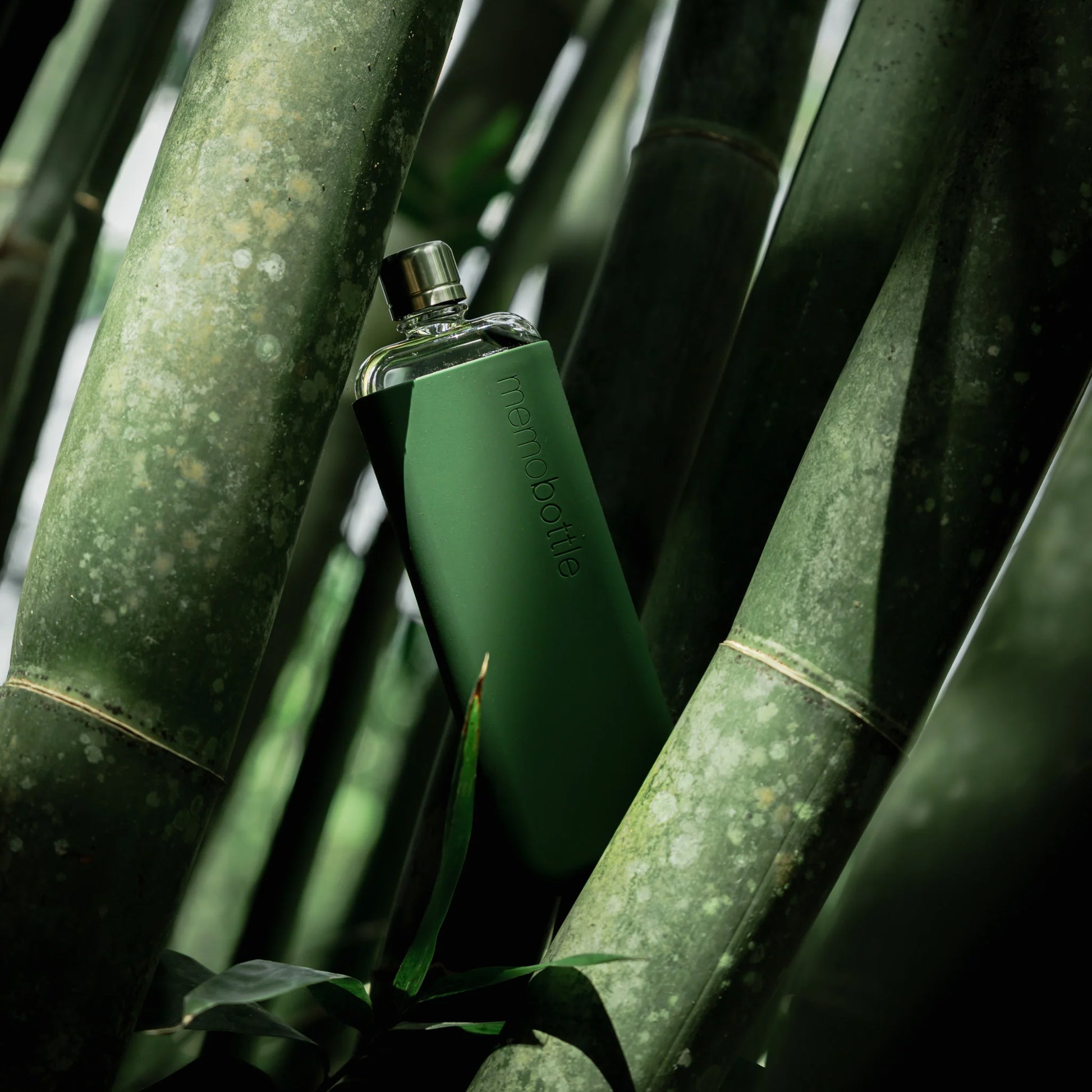 Memobottle Silicone Sleeve Slim Moss Green│Drinkfles│foto Memobottle tussen Bamboe