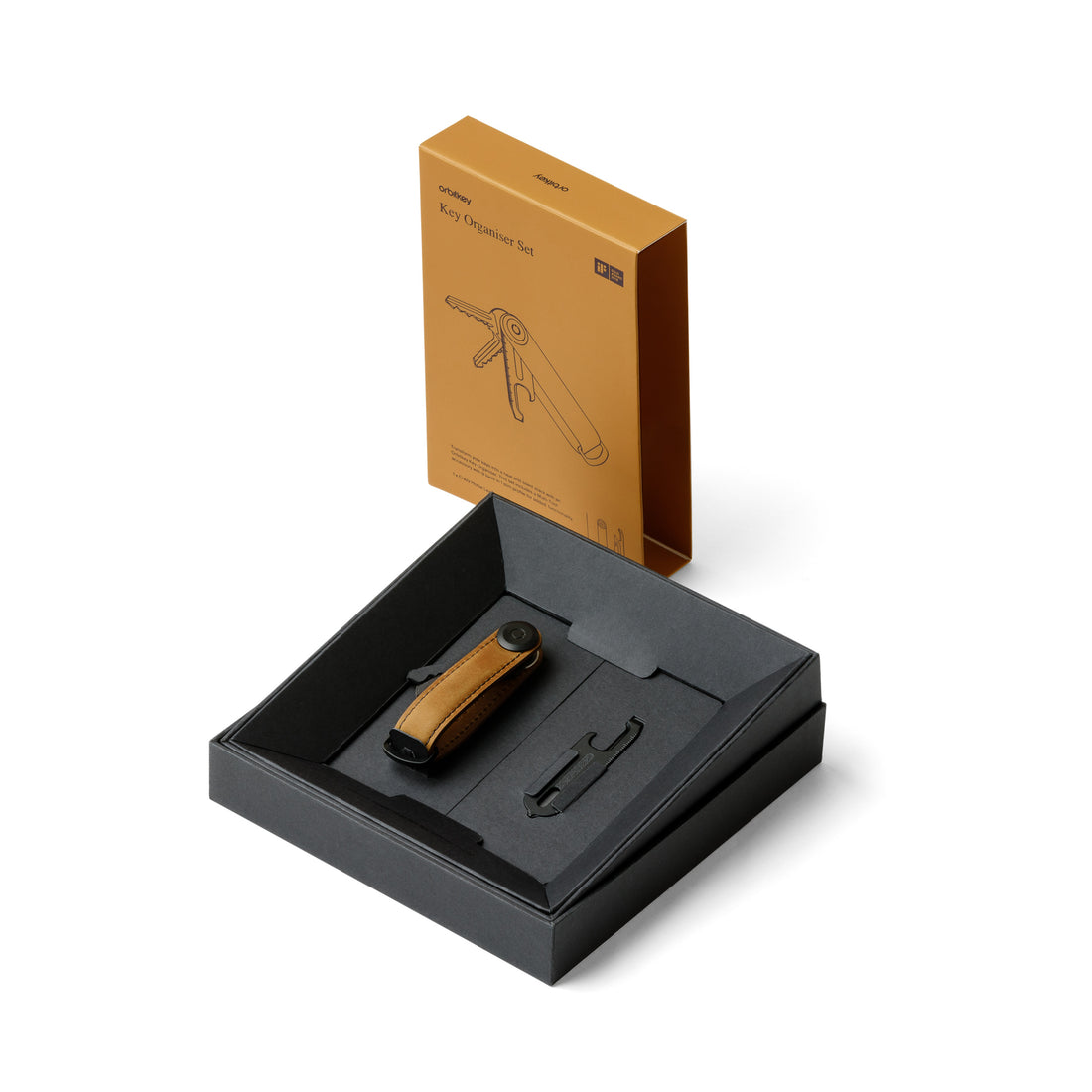 Orbitkey Gift Set│Key Organiser Chestnut Brown│Multitool Zwart│art. KCHB-CBB-201│verpakking witte achtergrond