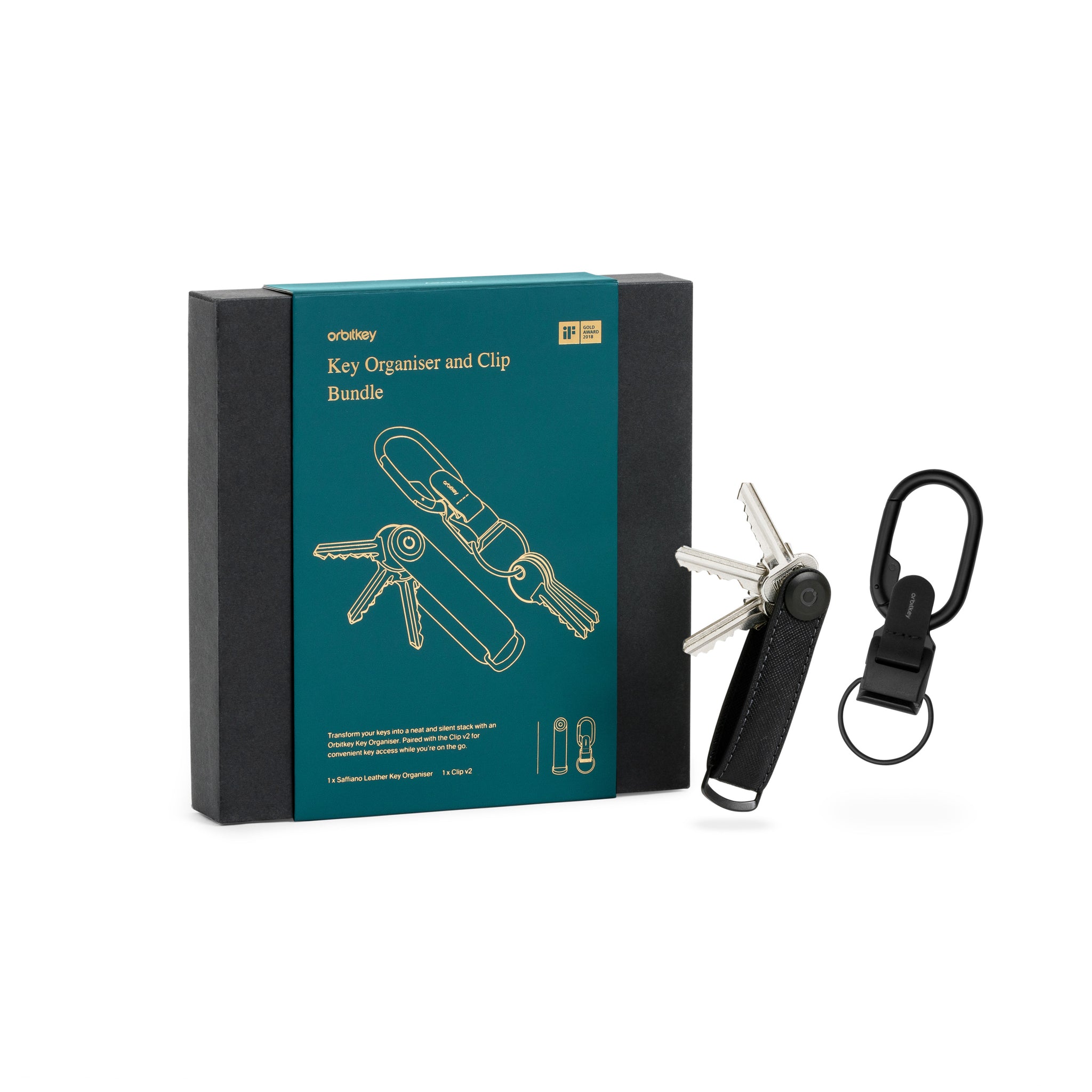 Orbitkey Gift Set│Key Organiseer Saffiano Black+Clip Black│art. KSFB-BBB-203│product naast verpakking