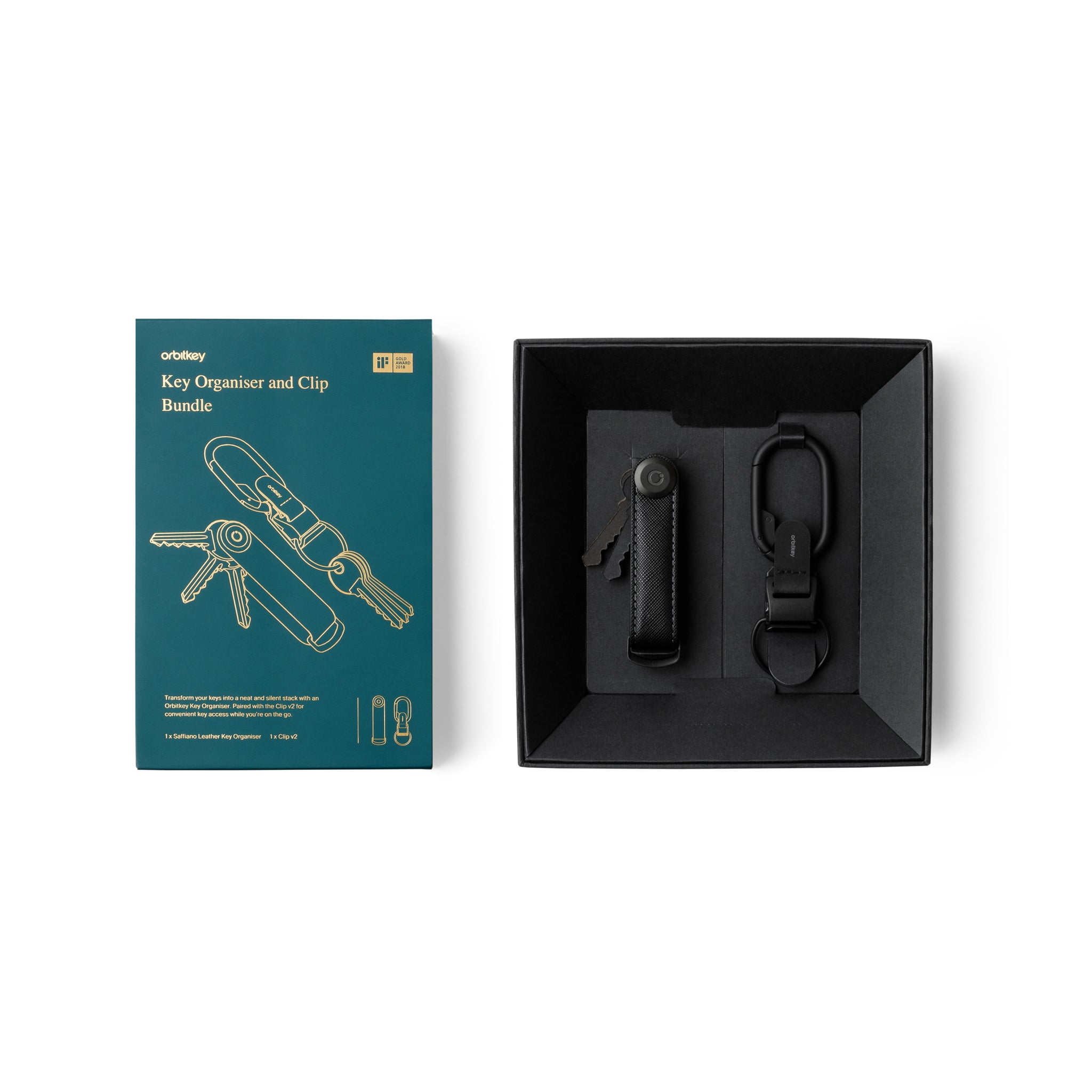 Orbitkey Gift Set│Key Organiseer Saffiano Black+Clip Black│art. KSFB-BBB-203│verpakking met witte achtergrond