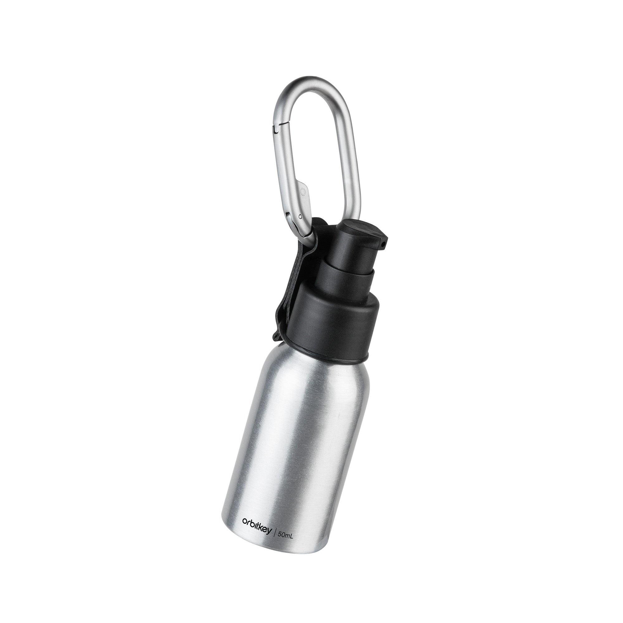 Orbitkey Sanitiser Holder Silver│Flesje Desinfectievloeistof│foto voorkant schuin