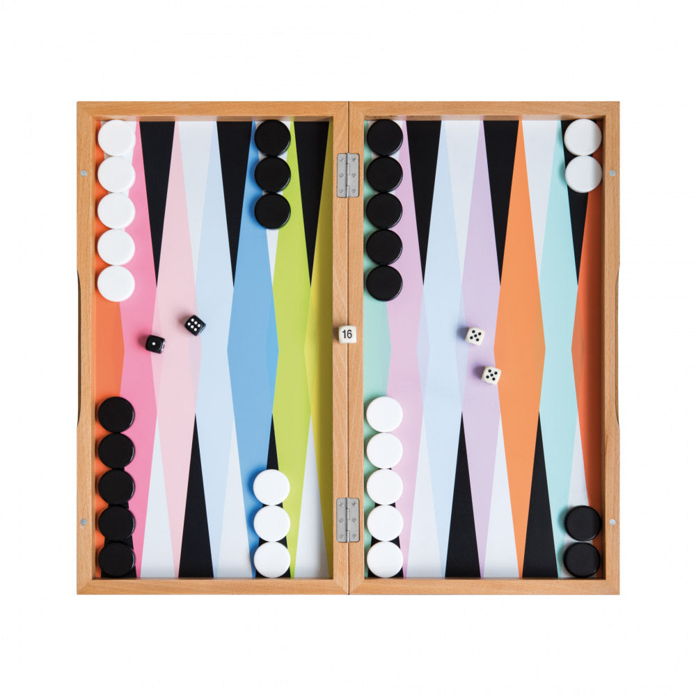 Backgammon Bordspel│Remember│Toys & Games voor design liefhebbers│bovenaanzicht geopend met speelstukken