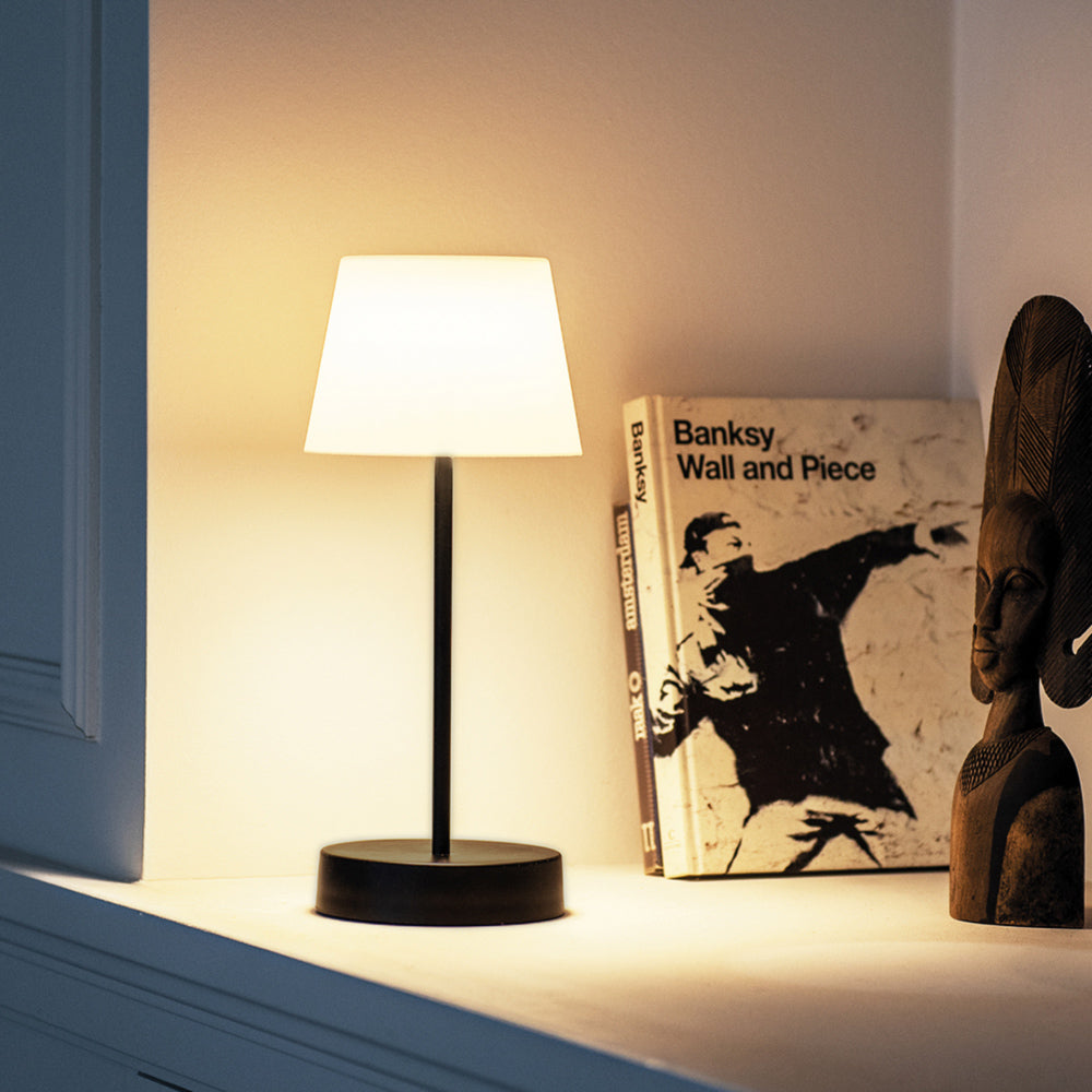 Oscar Oplaadbare Tafellamp Pure│Remember│Buitenverlichting│art. LT 01│in kast naast houten beeld en kunstboeken
