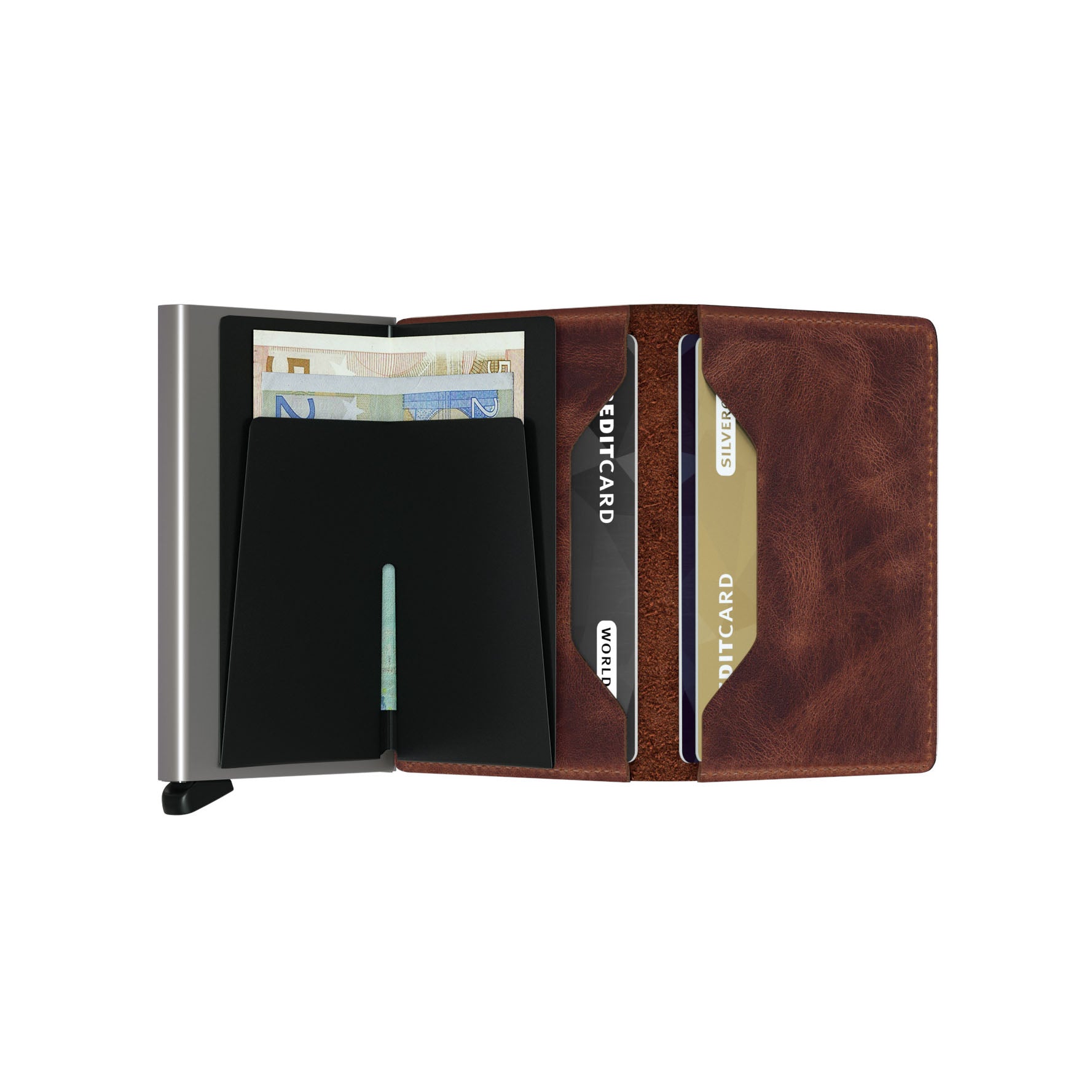 Secrid Slimwallet Vintage│Pasjeshouder en Portemonnee│art. SV-BROWN│geopend met pasjes en contant geld