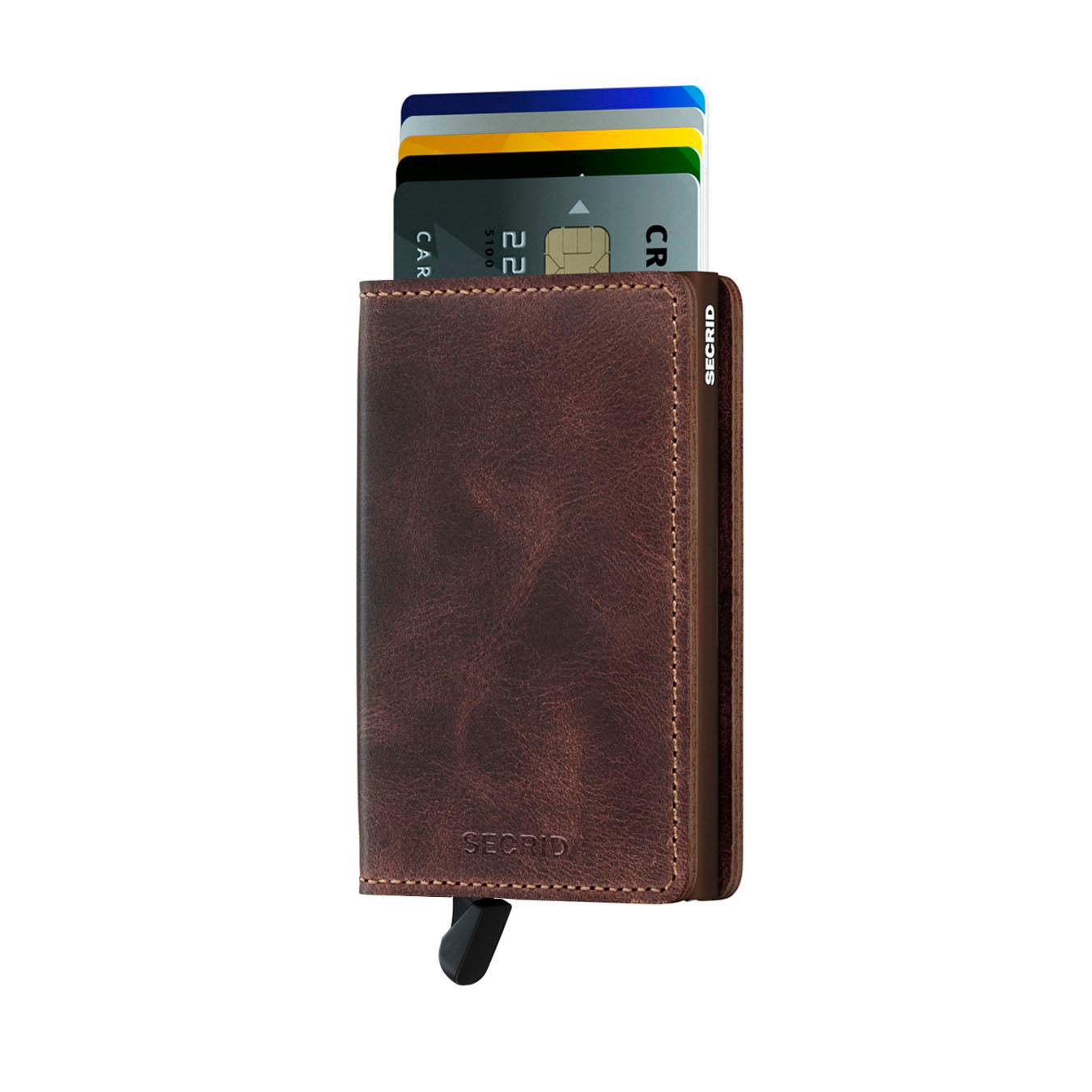 Secrid Slimwallet Vintage│art. SV-CHOCOLAT│Pasjeshouder│voorkant met uitgeschoven pasjes en clip