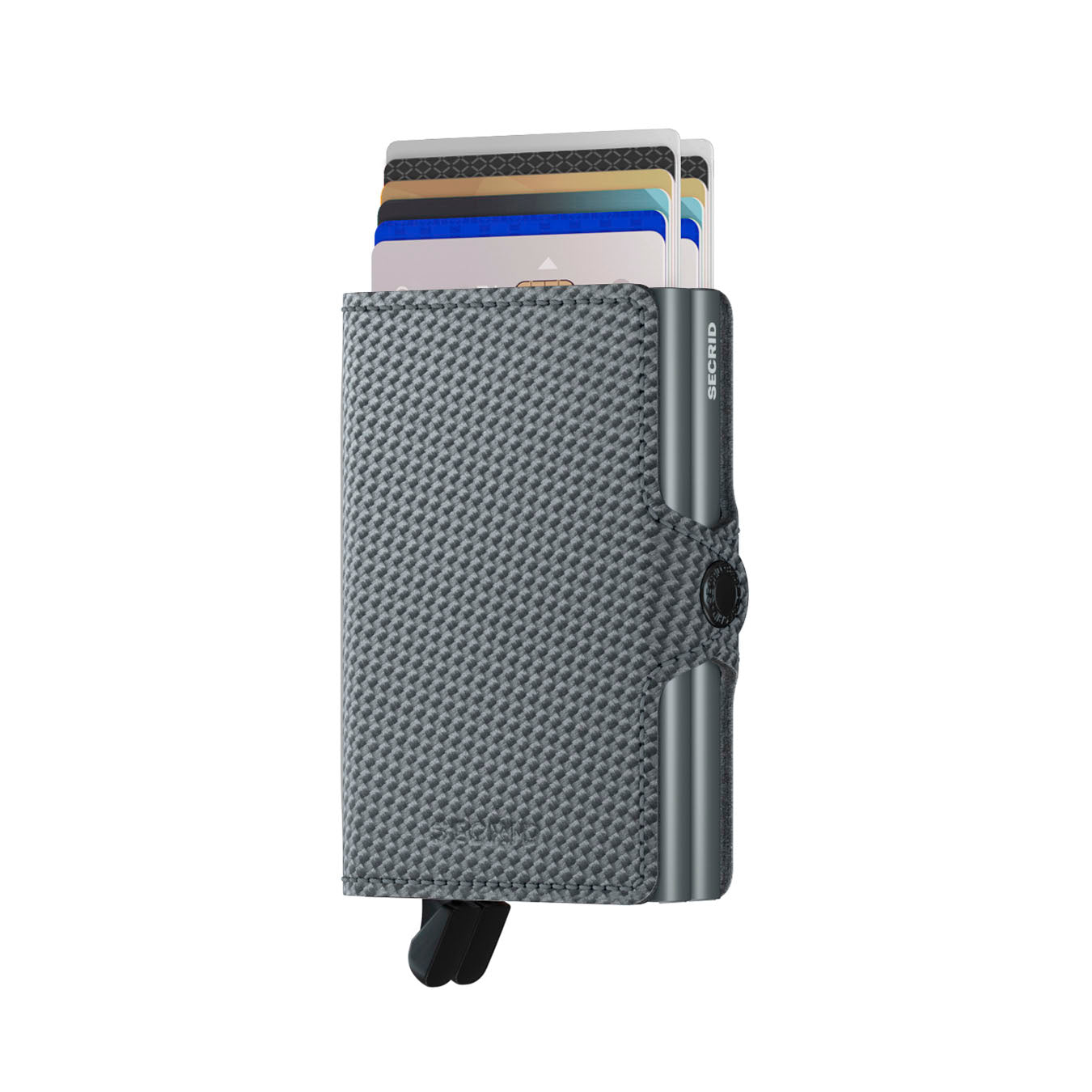 Secrid Twinwallet Carbon│art. TCA-COOLGREY│Pasjeshouder│voorkant met uitgeschoven pasjes en clip
