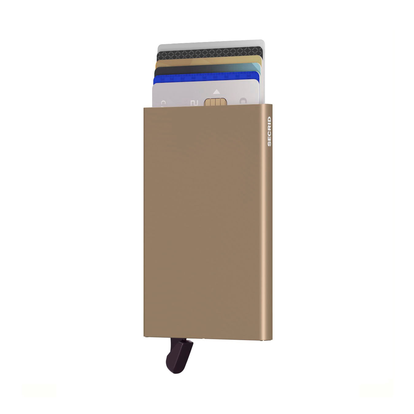 Secrid Cardprotector│art. C-SAND│pasjeshouder│voorkant met uitggeschoven pasjes en clip