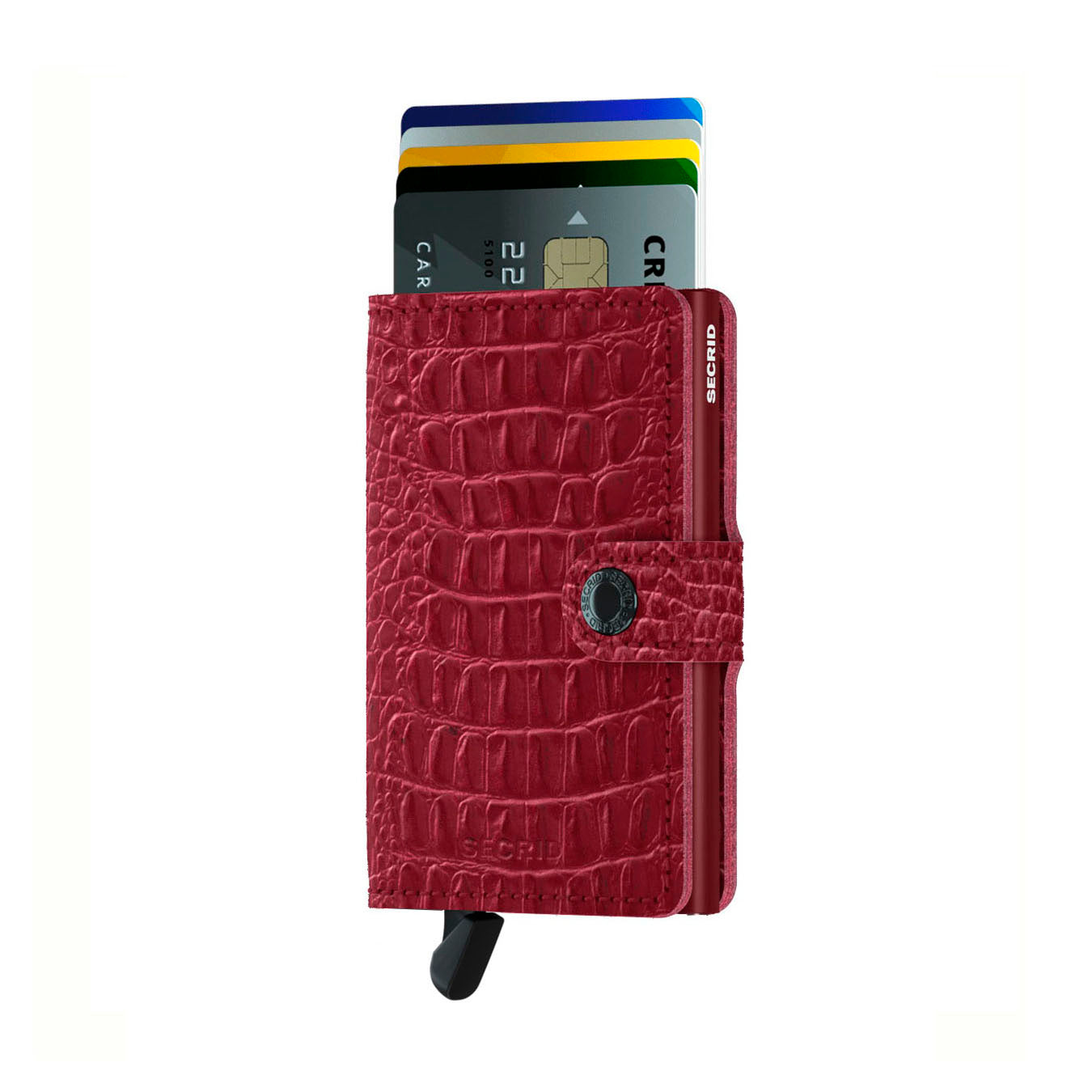 Secrid Miniwallet Nile│art. MN-RUBY│pasjeshouder│voorkant met uitgeschoven pasjes en clip