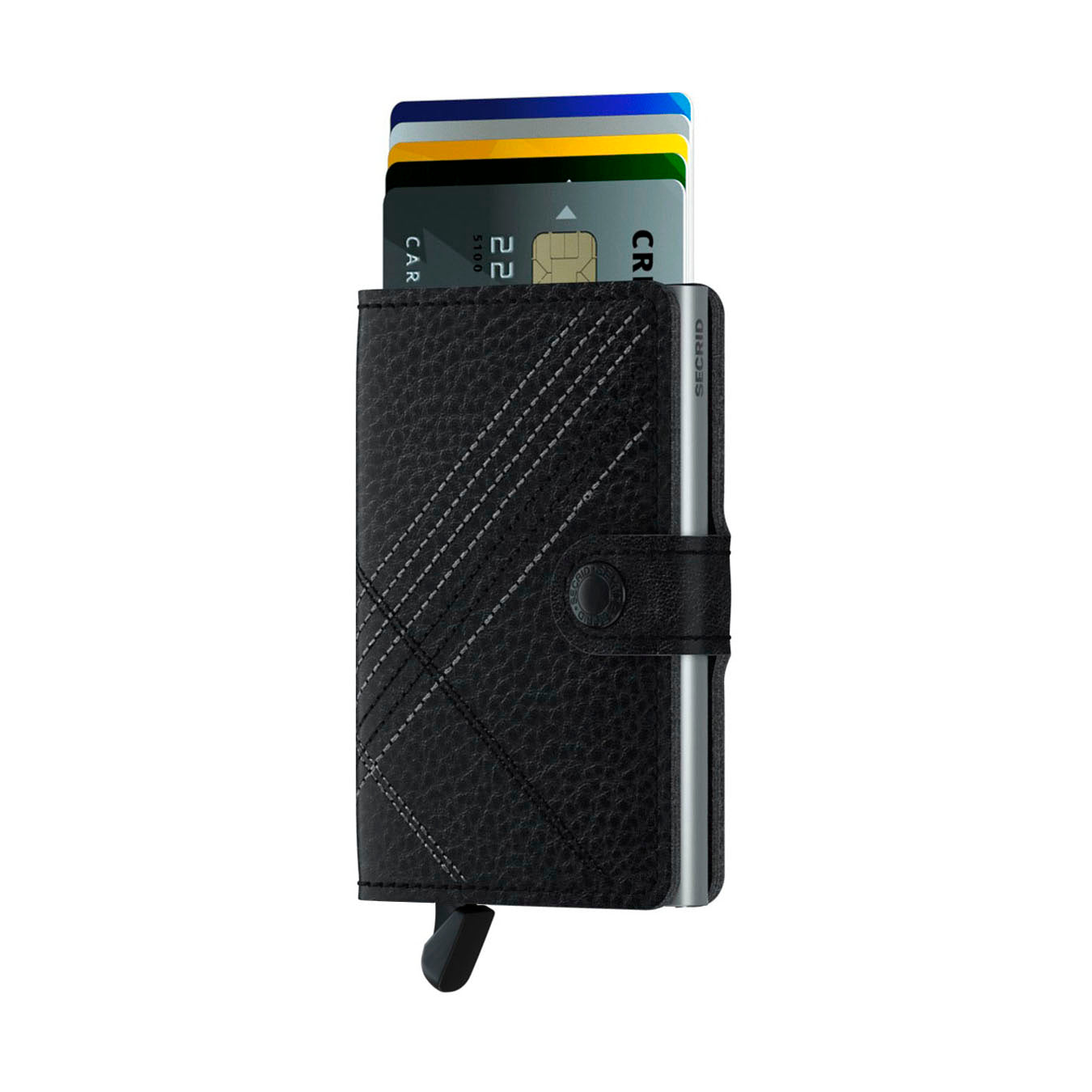 Secrid Miniwallet Stitch│Pasjeshouder│art. MST-LINEA-BLACK│voorkant met uitgeschoven pasjes