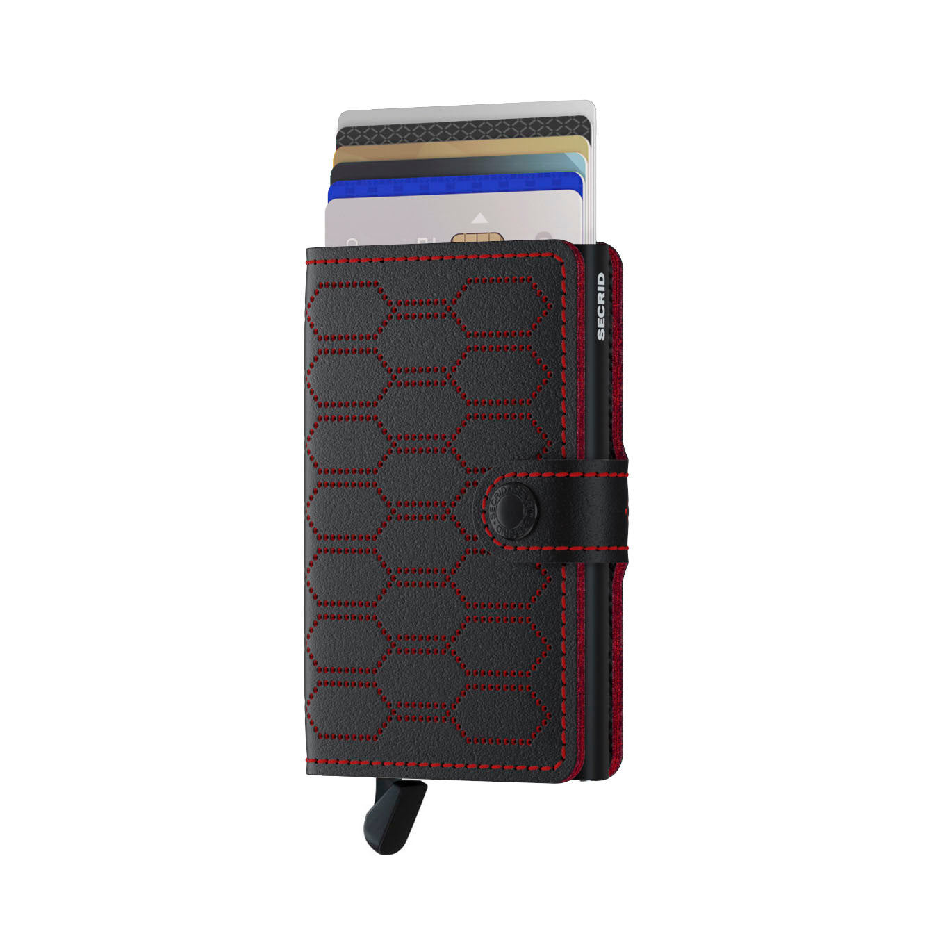 Secrid Miniwallet Fuel│Pasjeshouder│art. MFU-BLACK-RED│voorkant met uitgeschoven pasjes en clip