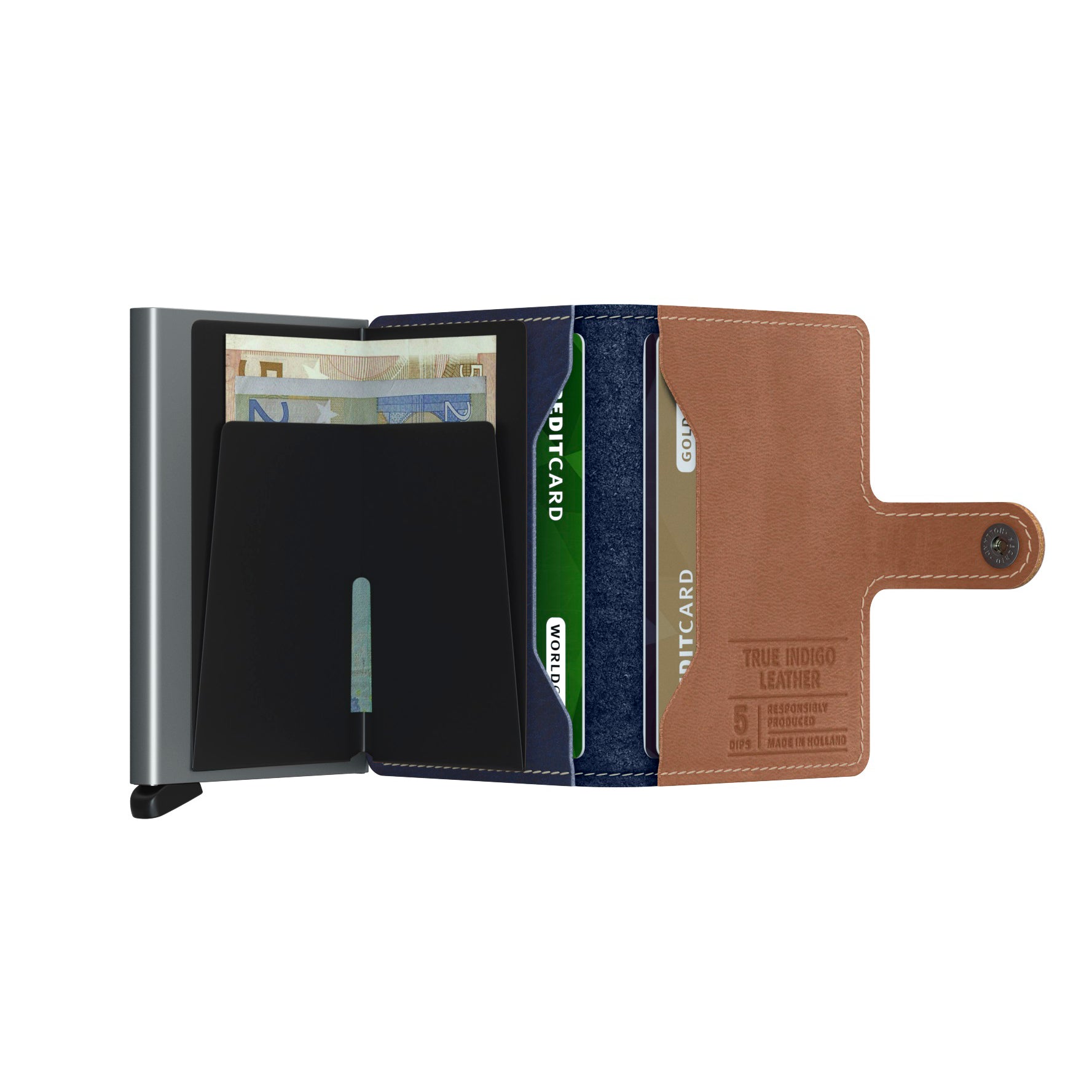 Secrid Miniwallet Indigo│art. MIN-5TITANIUM│Pasjeshouder│open met contant geld