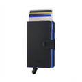 Secrid Miniwallet Matte│Pasjeshouder│art. MM-BLACK&BLUE│vooraanzicht met uitgeschoven pasjes en clip