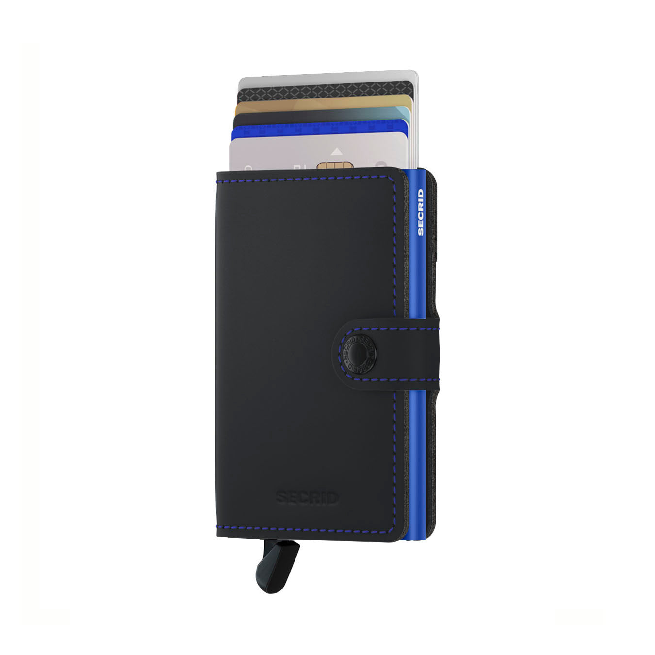 Secrid Miniwallet Matte│Pasjeshouder│art. MM-BLACK&BLUE│vooraanzicht met uitgeschoven pasjes en clip