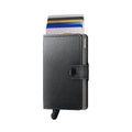 Secrid Miniwallet Mirum Zwart Plant-based│Pasjeshouder│art. MMi-BLACK│voorkant met uitgeschoven pasjes en clip