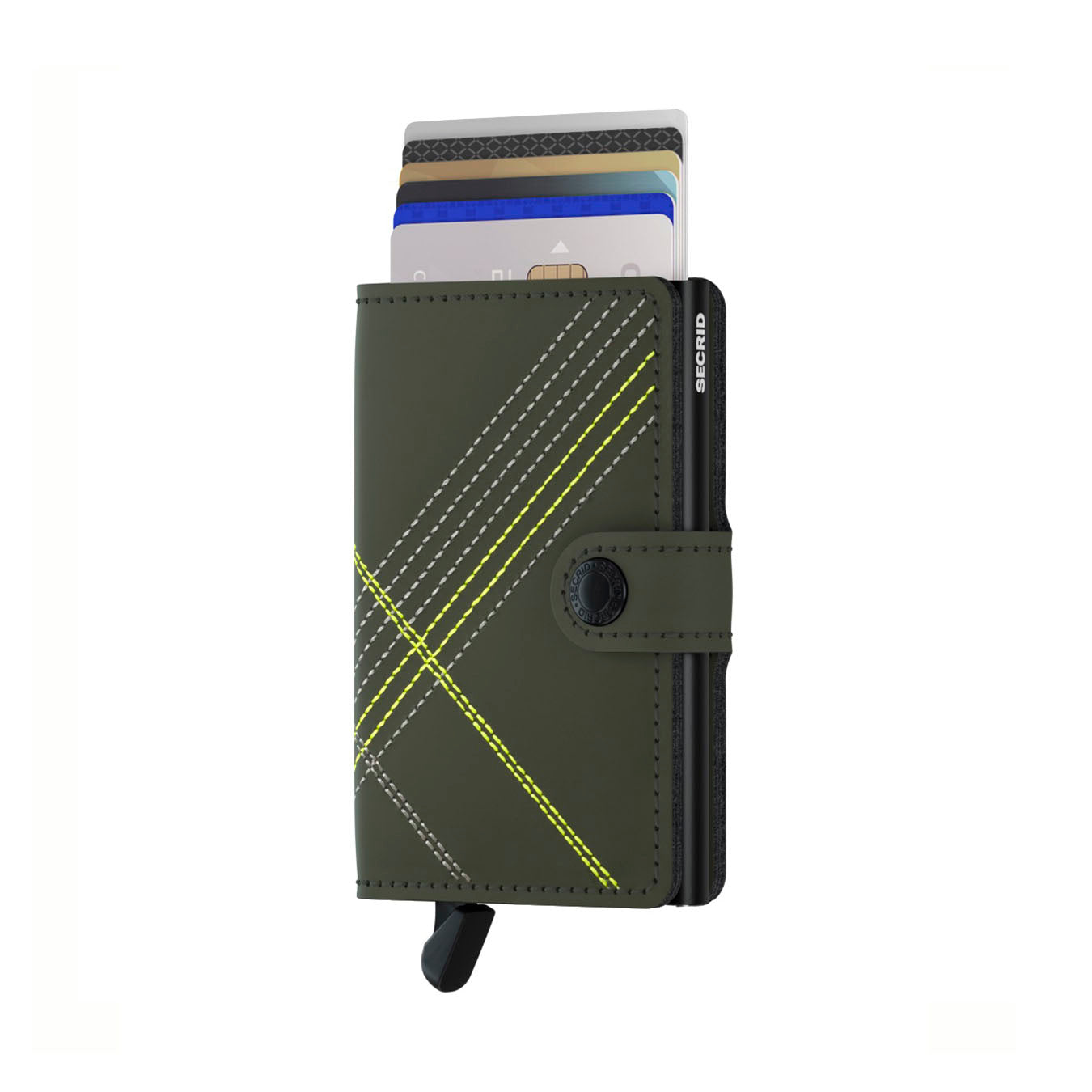 Secrid Miniwallet Stitch│art. MST-LINEA-LIME│Pasjeshouder│voorkant met uitgeschoven pasjes