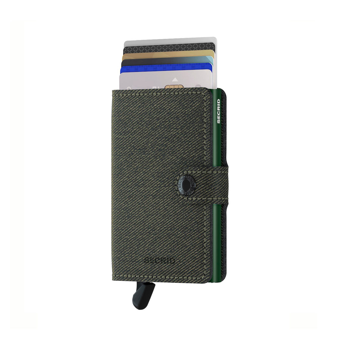 Secrid Miniwallet Twist│art. MTW-GREEN│Pasjeshouder│voorkant met uitgeschoven pasjes en clip