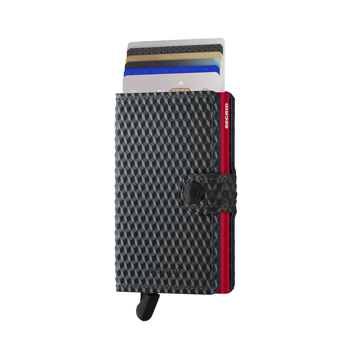 Secrid Miniwallet Cubic│art. MCU-BLACK-RED││Pasjeshouder│voorkant met uitgeschoven pasjes en clip