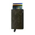 Secrid Slimwallet Vintage│art. SV-OLIVE-BLACK│Pasjeshouder│voorkant met uitgeschoven pasjes en clip