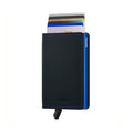 Secrid Slimwallet Matte│at. SM-BLACK&BLUE│Pasjeshouder│voorkant met uitgeschoven pasjes en clip