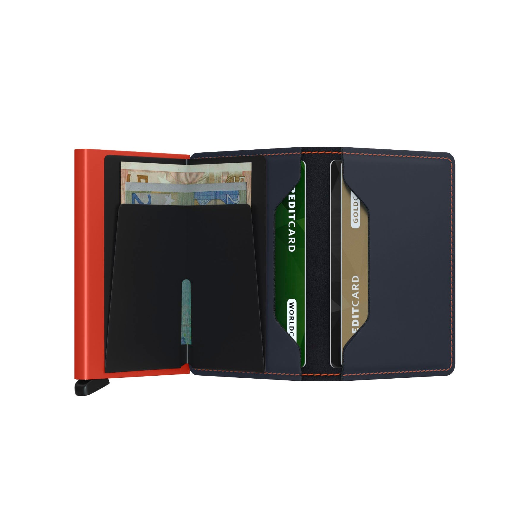 Secrid Slimwallet Matte│art. SM-NIGHTBLUE&ORANGE│Pasjeshouder│open met contant geld