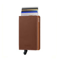 Secrid Slimwallet Saffiano│art. SSA-CARAMEL│Pasjeshouder│voorkant met  uitgeschoven pasjes en clip
