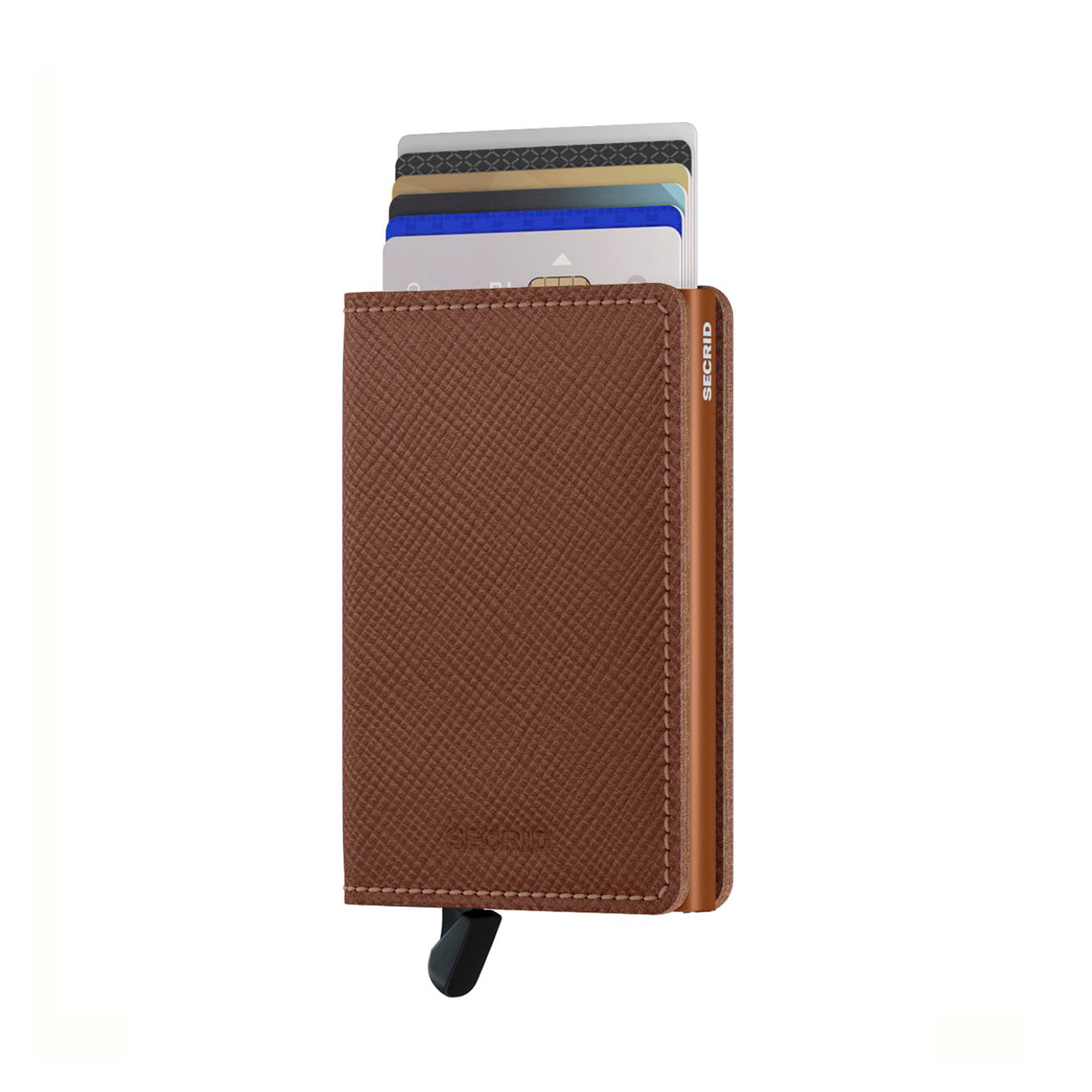 Secrid Slimwallet Saffiano│art. SSA-CARAMEL│Pasjeshouder│voorkant met  uitgeschoven pasjes en clip