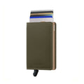 Secrid Slimwallet Saffiano│art. SSA-OLIVE│Pasjeshouder│voorkant met uitgeschoven pasjes en clip