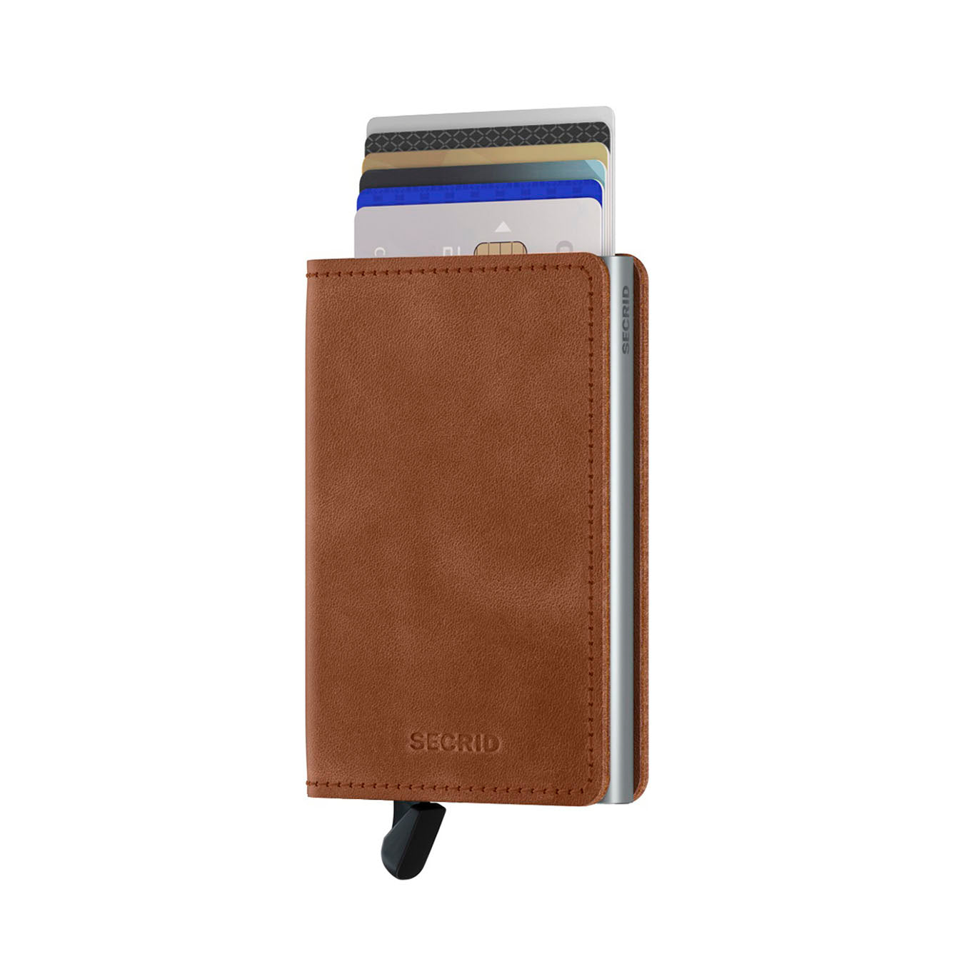 Secrid Slimwallet Vintage│Pasjeshouder│art. SV-COGNAC-SILVER│voorkant met uitgeschoven pasjes en clip