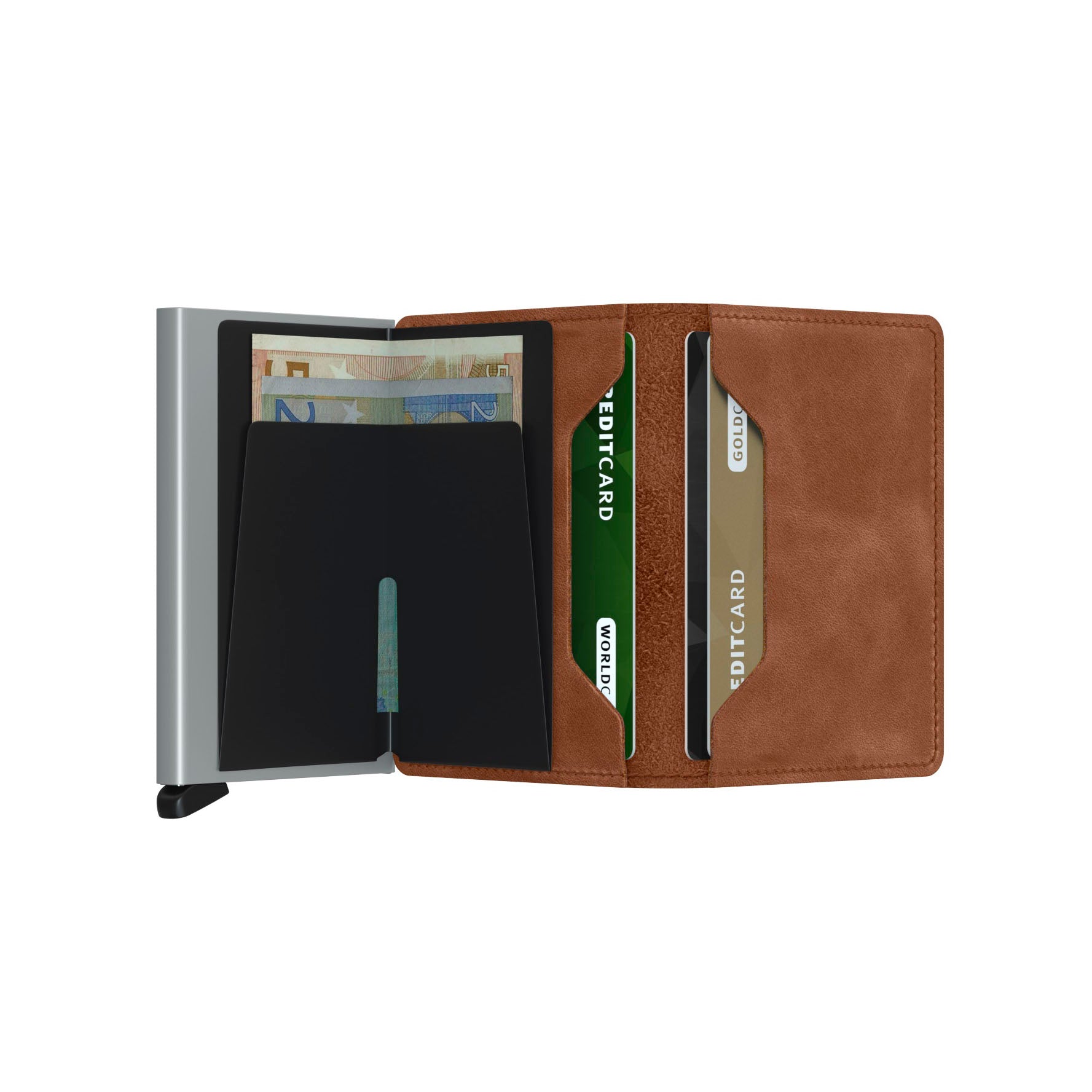 Secrid Slimwallet Vintage│Pasjeshouder│art. SV-COGNAC-SILVER│geopend met contant geld