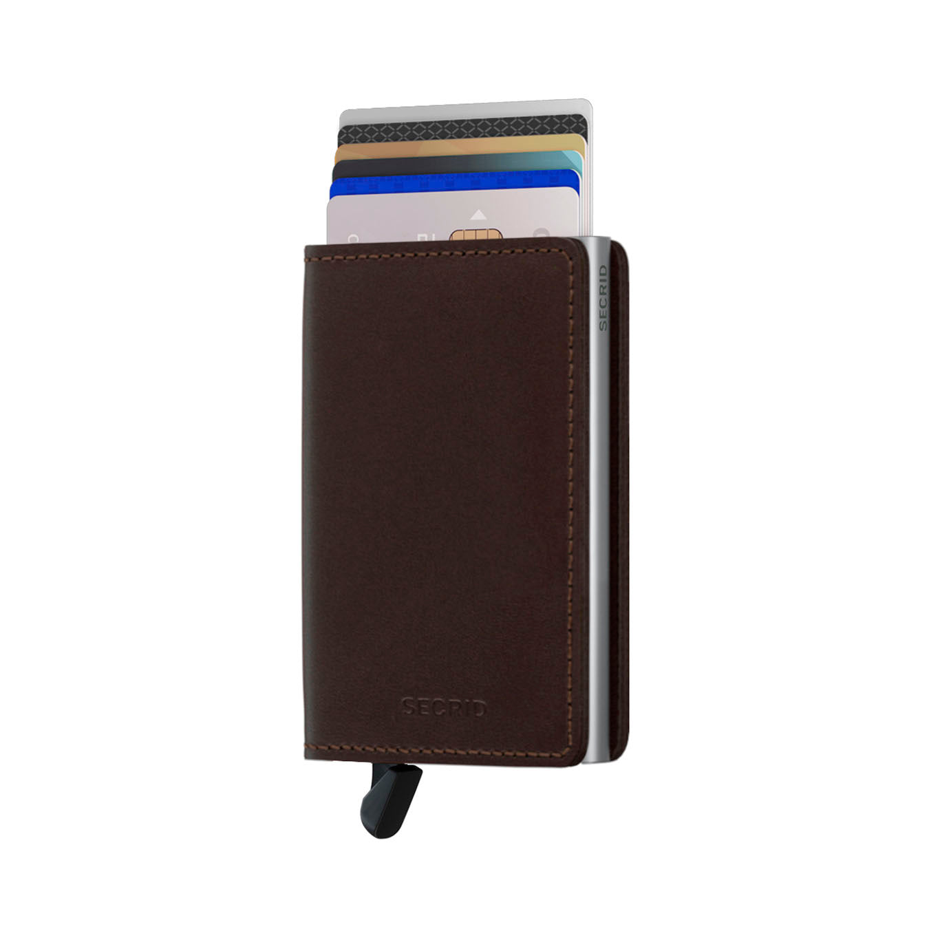 Secrid Slimwallet Original│art. SO-DARKBROWN│Pasjeshouder│voorkant met uitgeschoven pasjes en clip