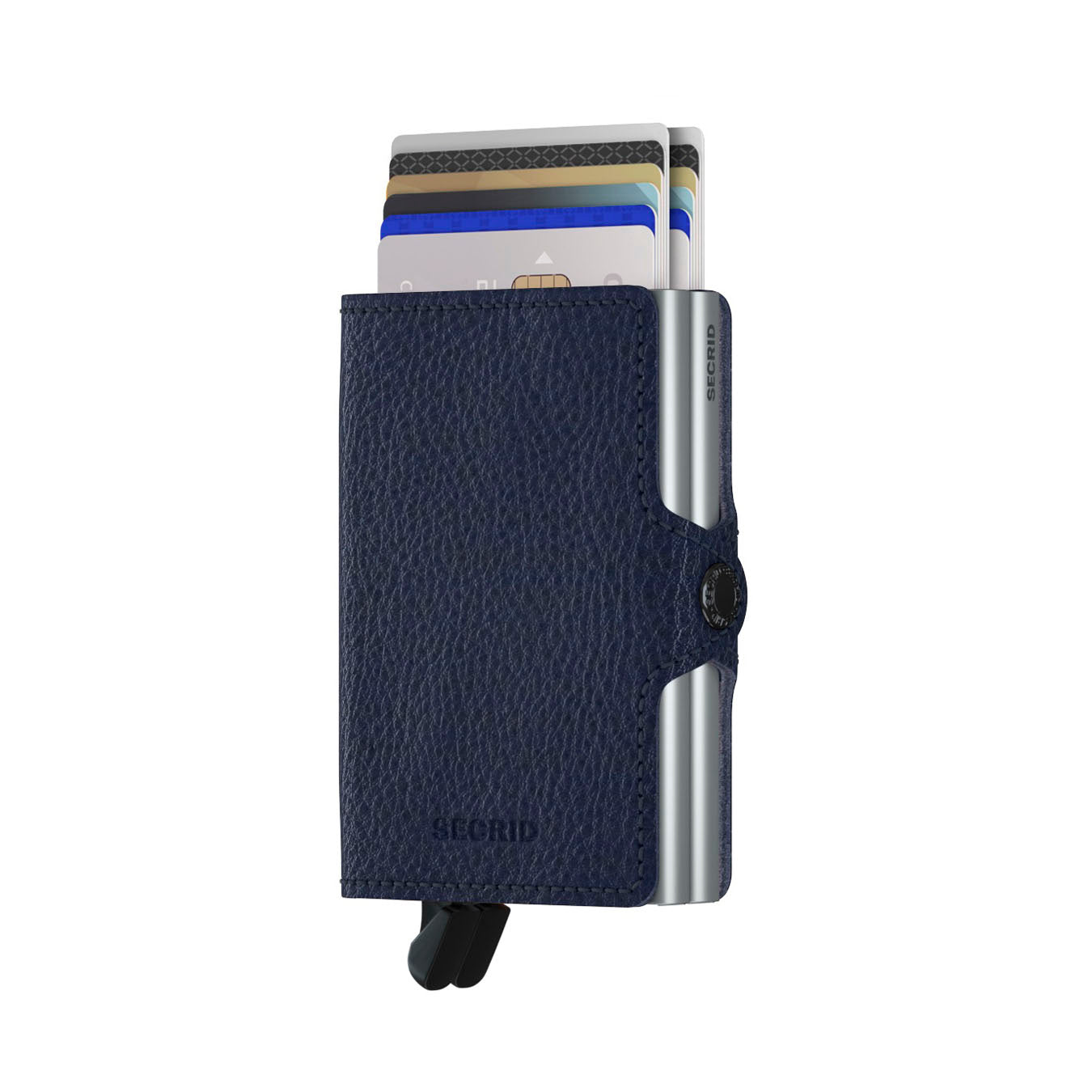 Secrid Twinwallet Veg│art. TVG-NAVY-SILVER│Pasjeshouder│voorkant met uitgeschoven pasjes en clip