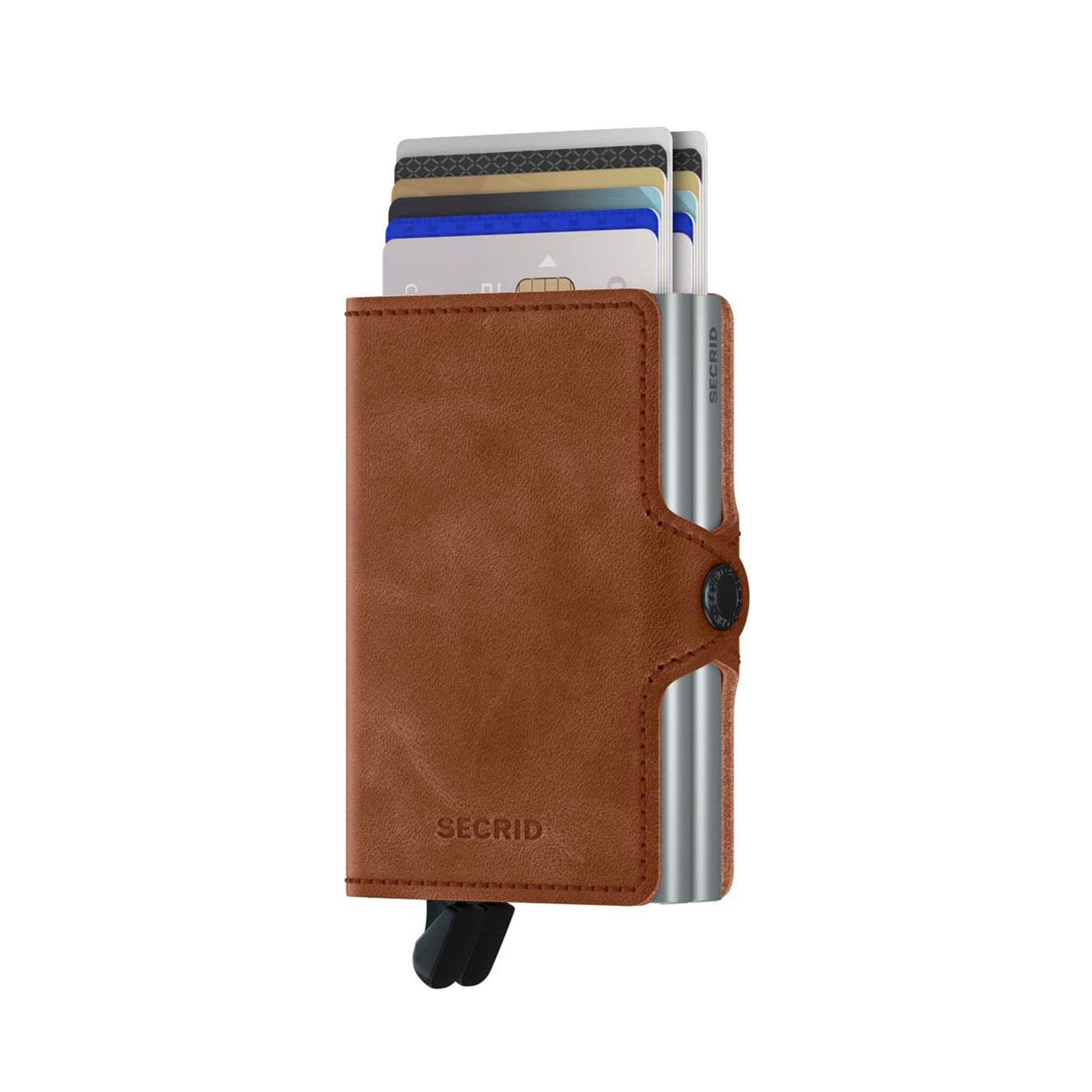 Secrid Twinwallet Vintage│art. TV-COGNAC-SILVER│Pasjeshouder│voorkant met uitgeschoven pasjes en clip