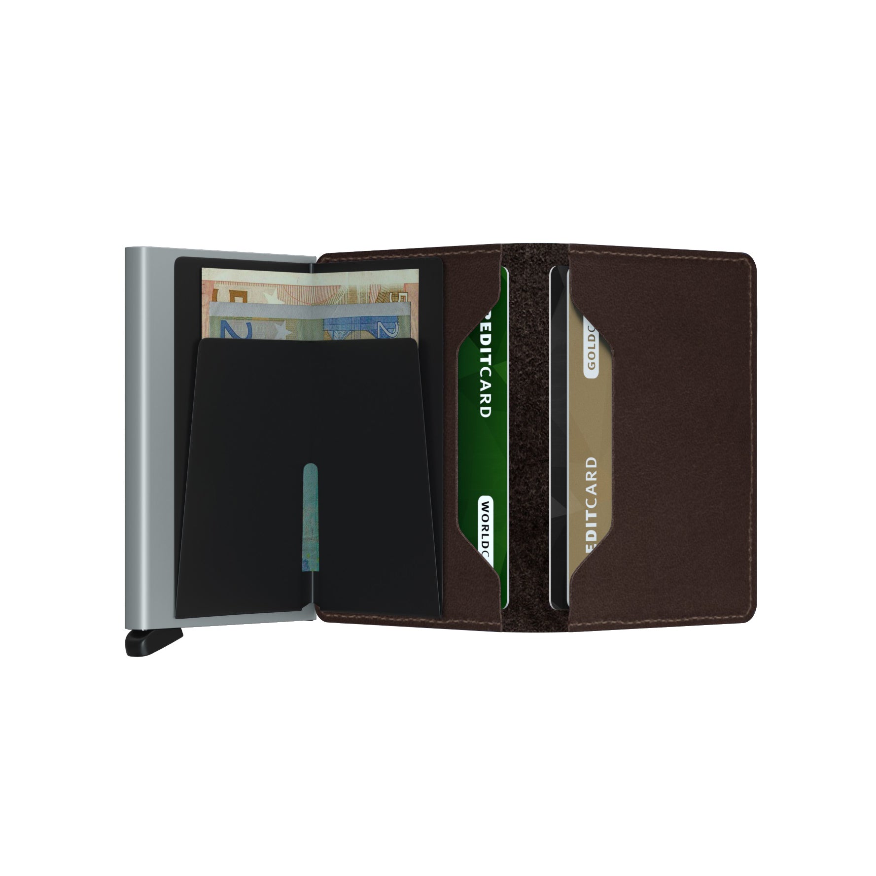 Secrid Slimwallet Original│art. SO-DARK-BROWN│Pasjeshouder│open met contant geld