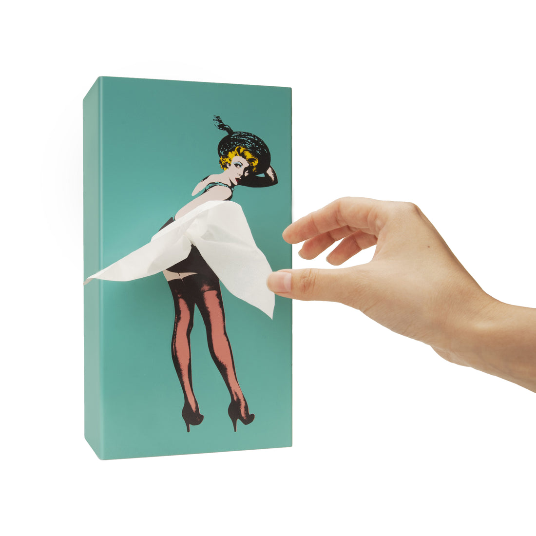Tissue Up Girl Tissuebox│Mint│Retro Pin-Up zakdoekhouder│foto schuin