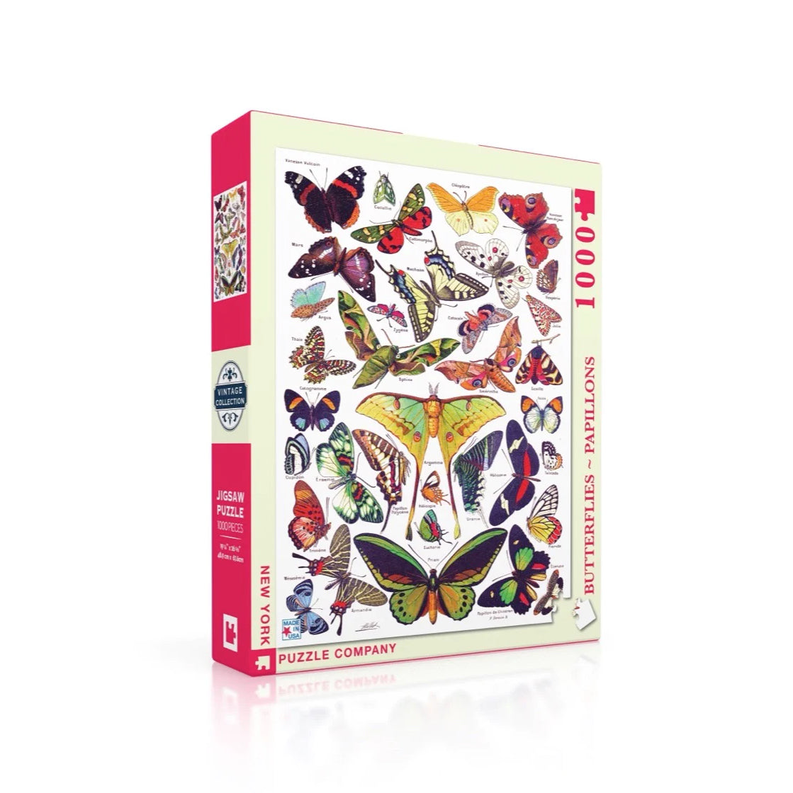 Puzzel Vintage Images Butterflies - Vlinders│New York Puzzle Company 1000 stukjes│art. PD633│verpakking met schaduw