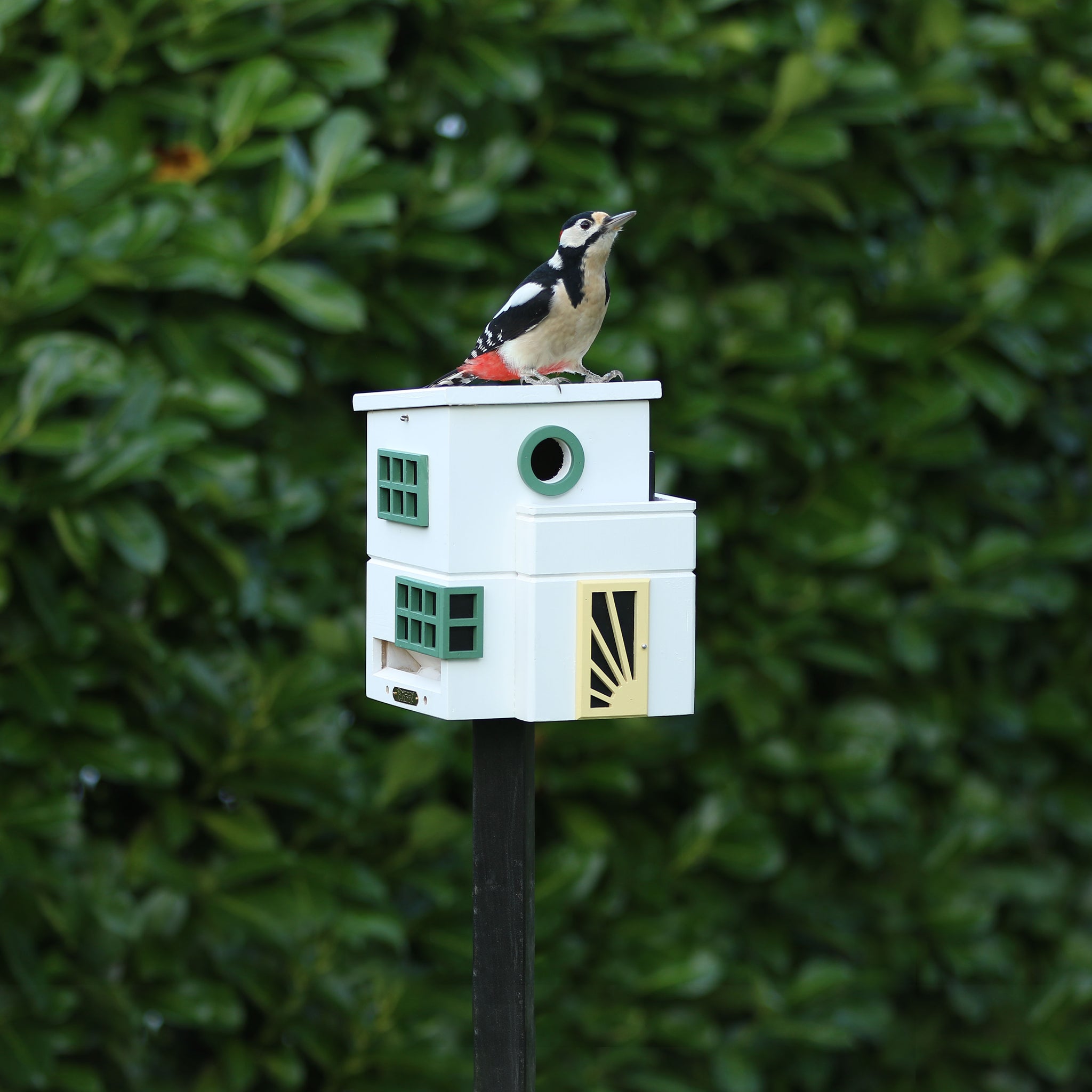 Design Vogel- en Voederhuis Art Deco│Multiholk Wildlife garden│foto in tuin met vogel