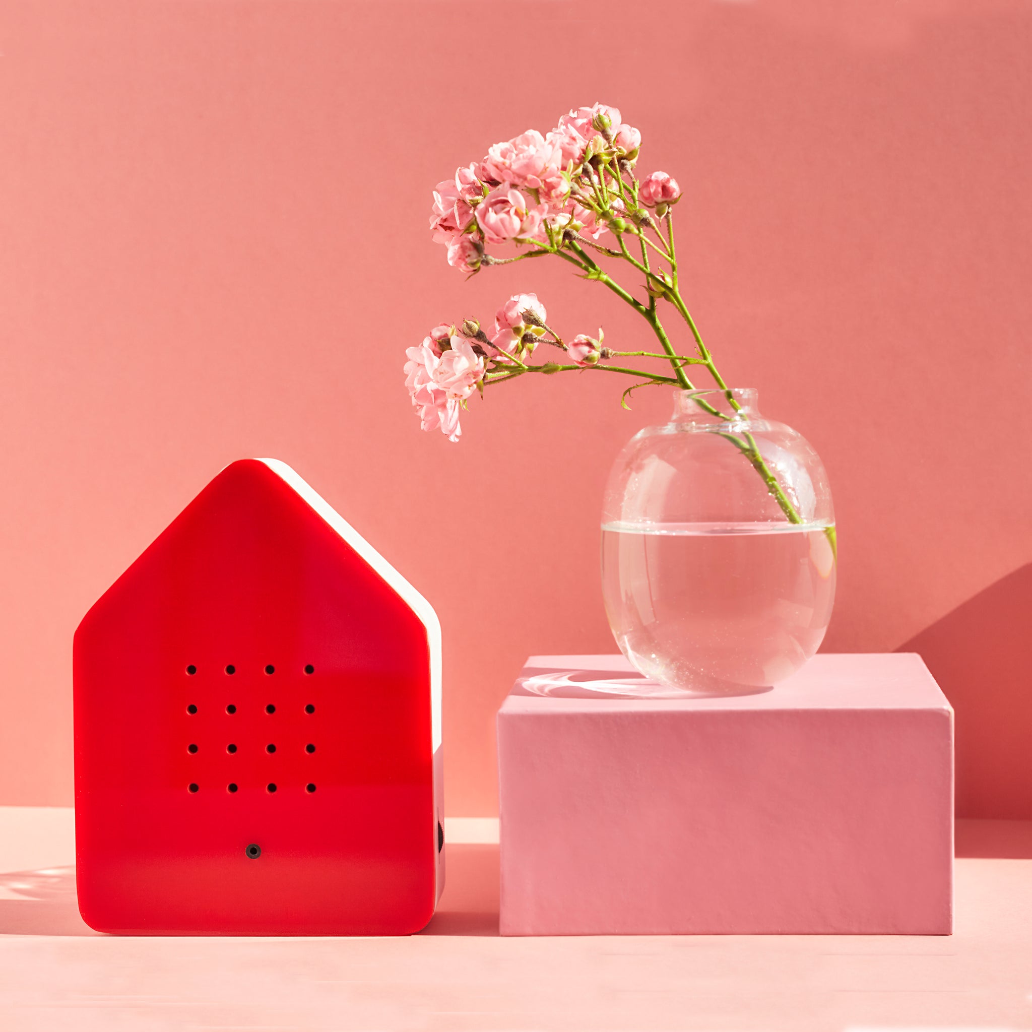 Zwitscherbox Classic Rood Huisje met Vogelgeluiden│Relaxound│art. 11ZBX0101004│roze achtergrond en vaasje met roze bloem