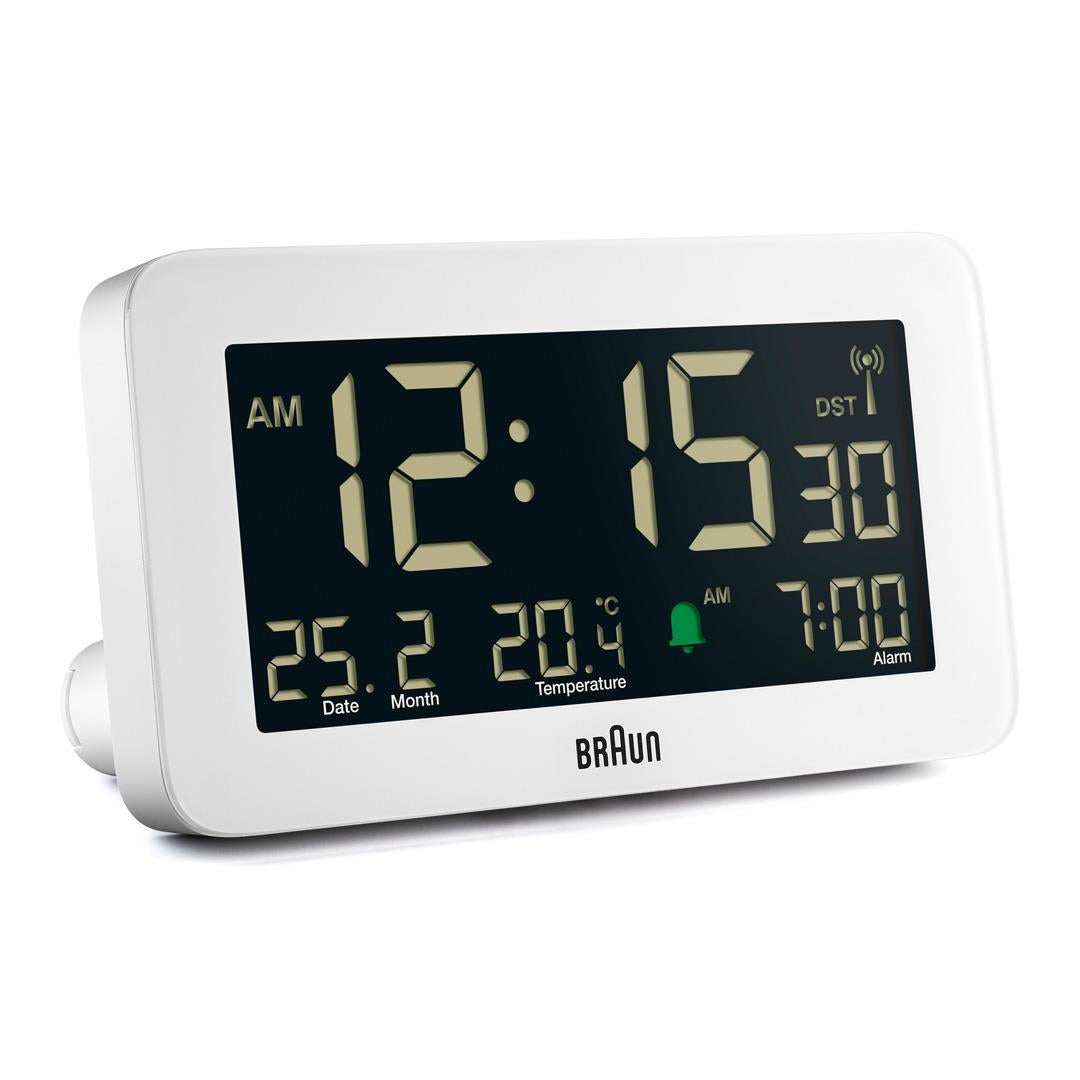 Braun Wekker Digitaal BC10W-DCF│Wit│radiogestuurd│Temperatuur│voorkant schuin met radio controlled teken